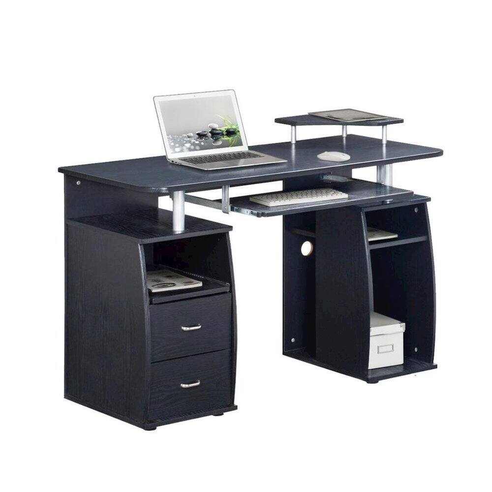Front. FurniFact - Brown Office Desk with Storage, Writing Wood Desk with 2 Drawers - Brown.