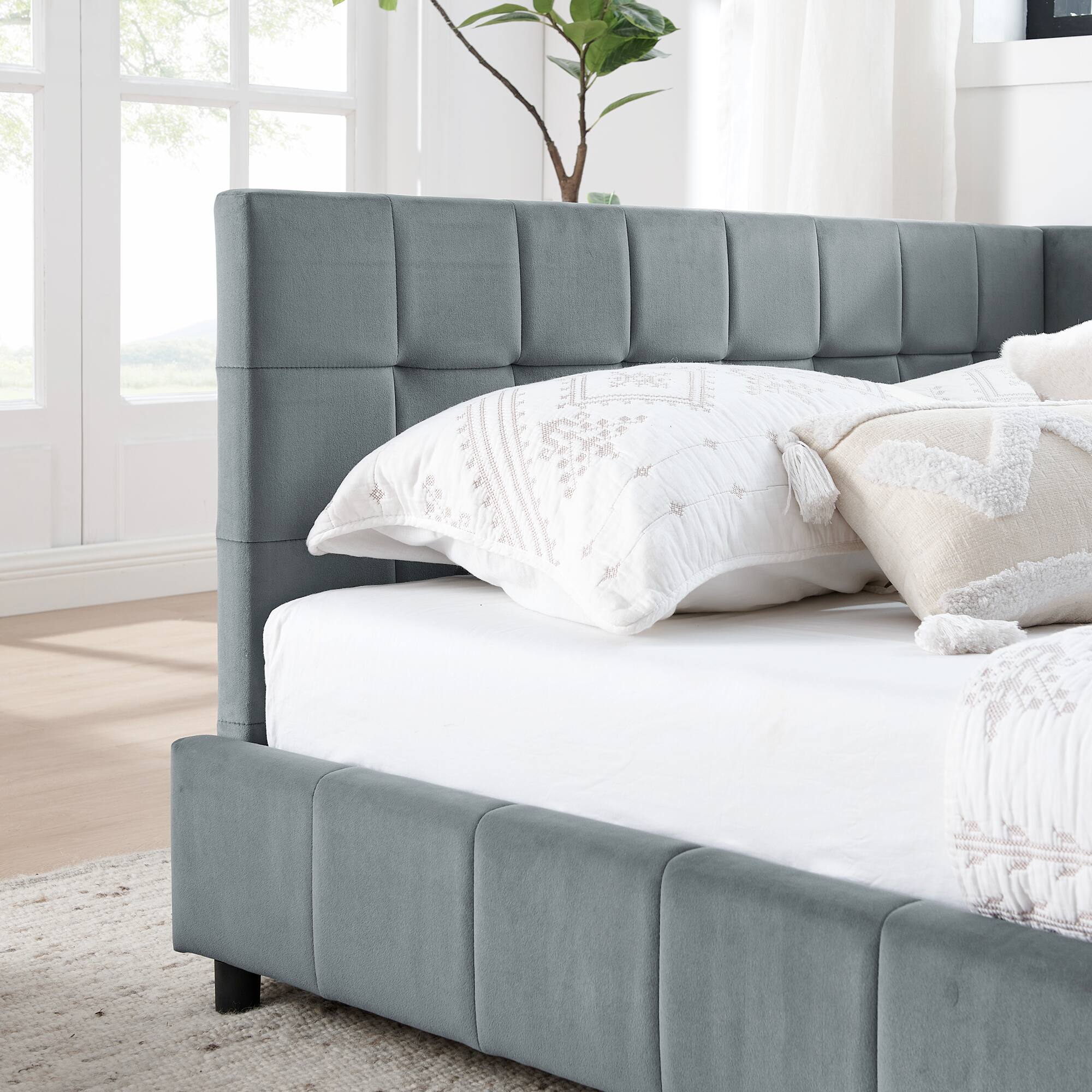 Back. Anysun - Queen Velvet Tufted Sofa Bed Frame - with Comfortable Backrest & Armrests for Bedroom or Living Room - Grey.