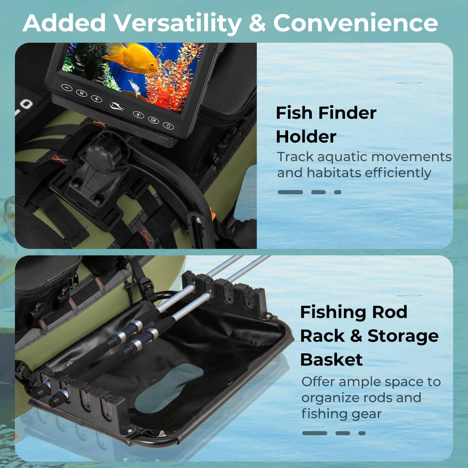 Added Versatility & Convenience

Fish Finder Holder
Track aquatic movements and habitats efficiently

Fishing Rod Rack & Storage Basket
Offer ample space to organize rods and fishing gear