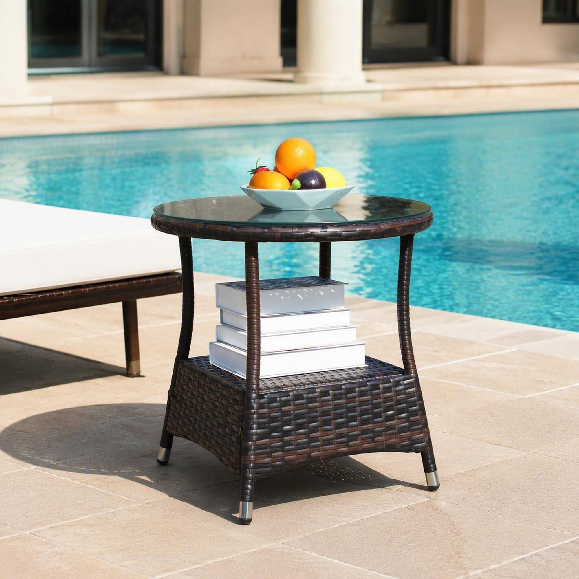 Alt View 1. RYHNUYNE - Round Patio Coffee Table with Clear Tempered Glass Top for Outdoor Garden Balcony and Poolside Seating Areas - Brown.