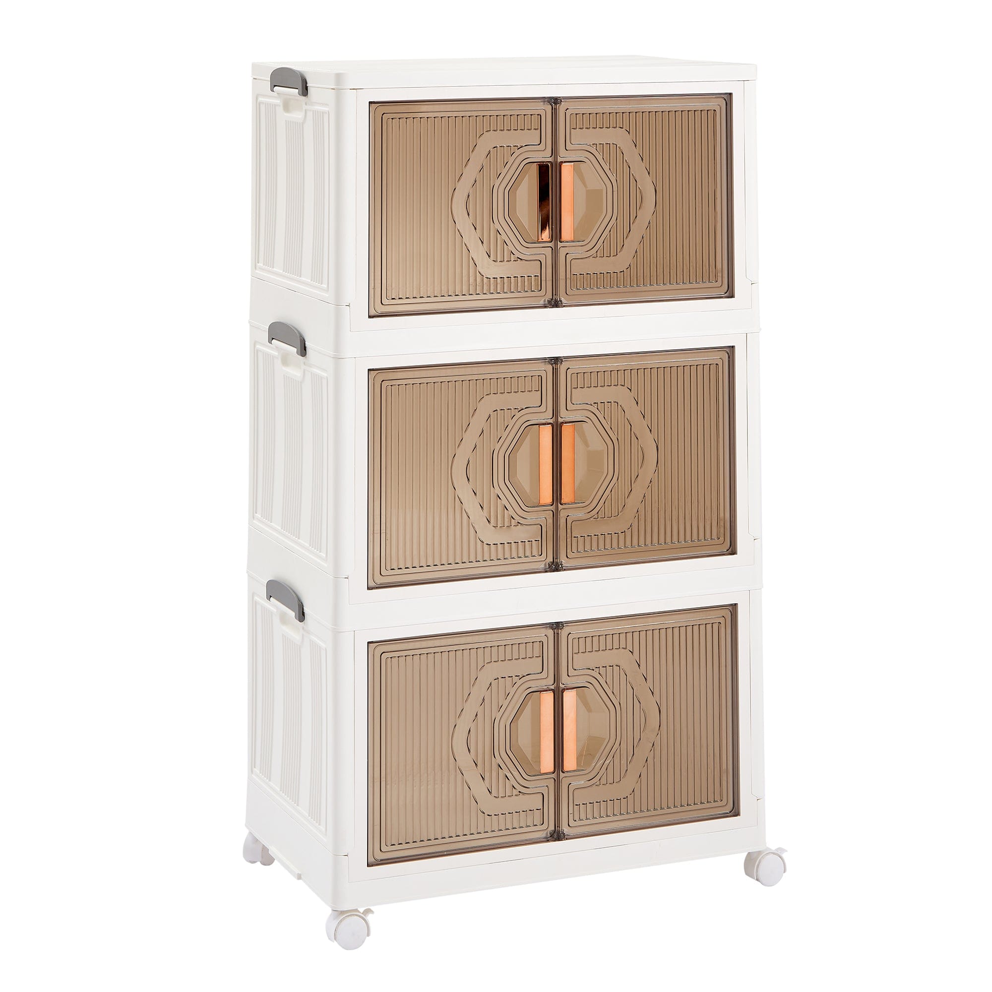 Vecelo - Stackable Storage Bins with Wheels-72Qt(Single layer) Foldable Storage Cabinet with Doors, 3-Tier Collapsible Organizer - White