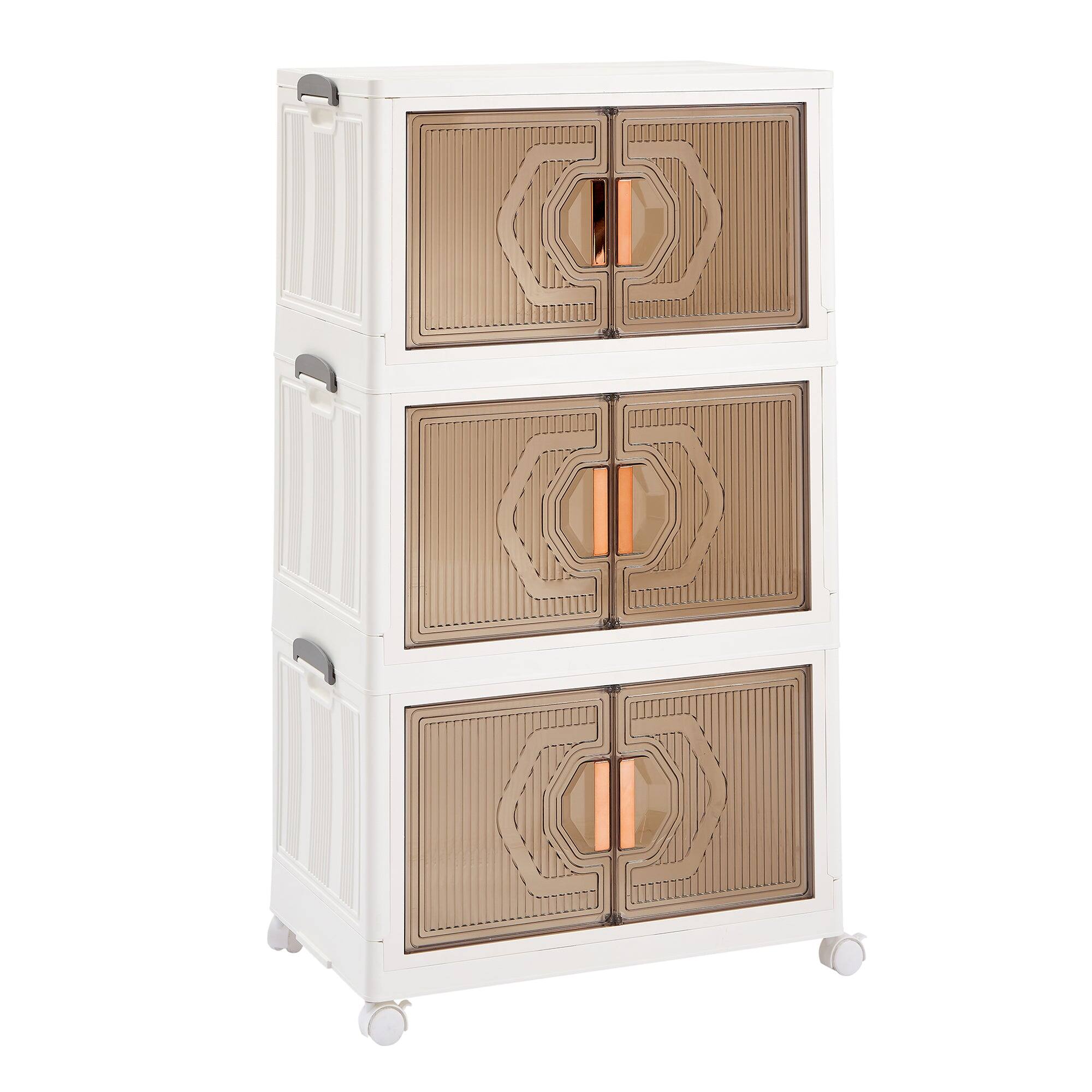 Front. Vecelo - Stackable Storage Bins with Wheels-72Qt(Single layer) Foldable Storage Cabinet with Doors, 3-Tier Collapsible Organizer - White.