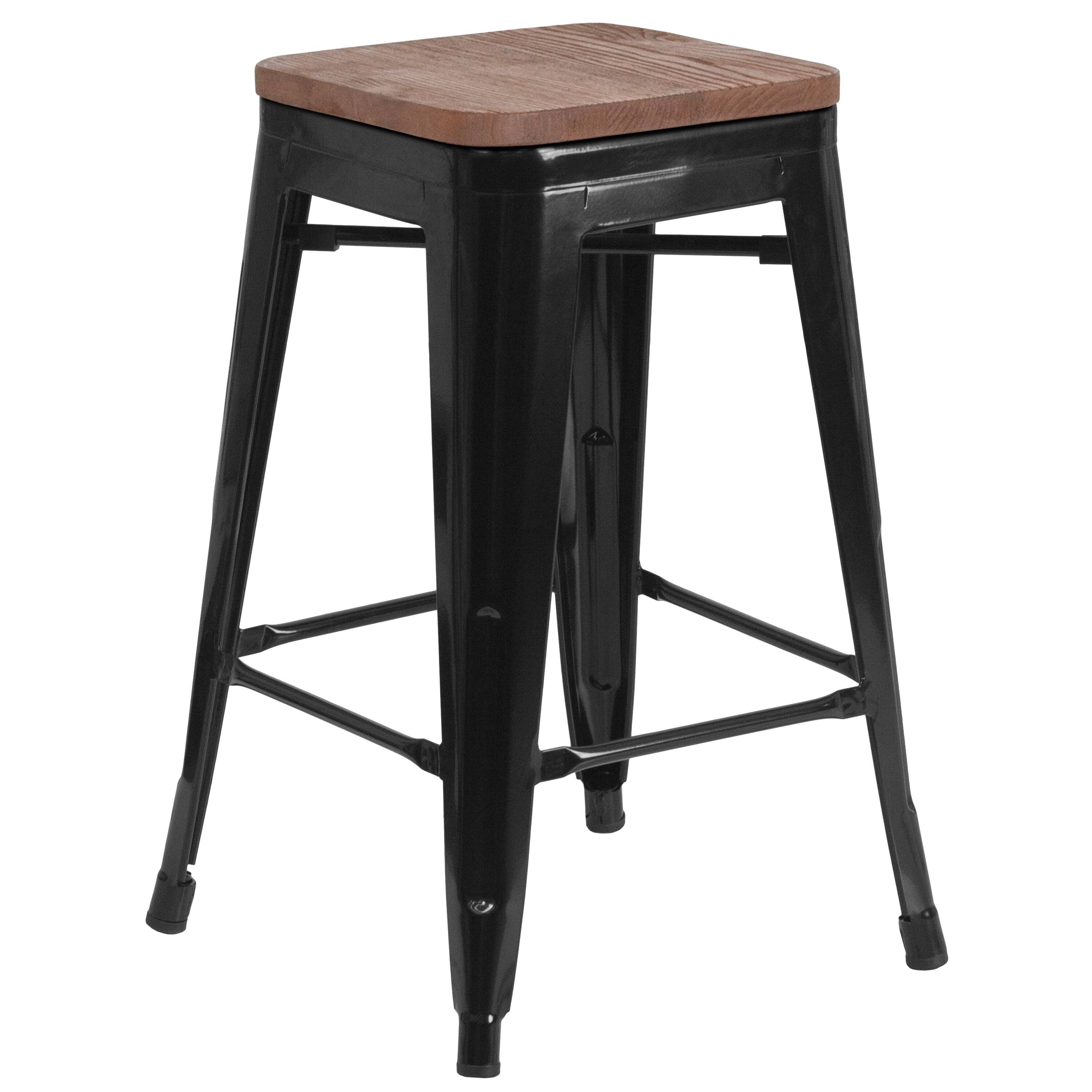 Alt View 1. Emma + Oliver - 24"H Backless Metal Counter Height Stool with Wood Seat - Black.