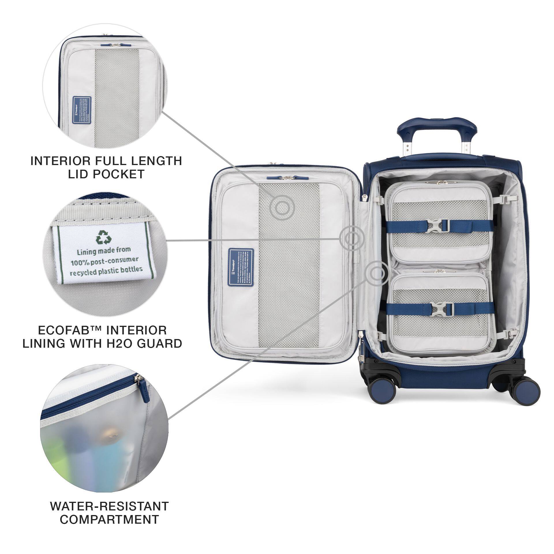 INTERIOR FULL LENGTH LID POCKET

Lining made from 100% post-consumer recycled plastic bottles

ECOFAB™ INTERIOR LINING WITH H2O GUARD

WATER-RESISTANT COMPARTMENT