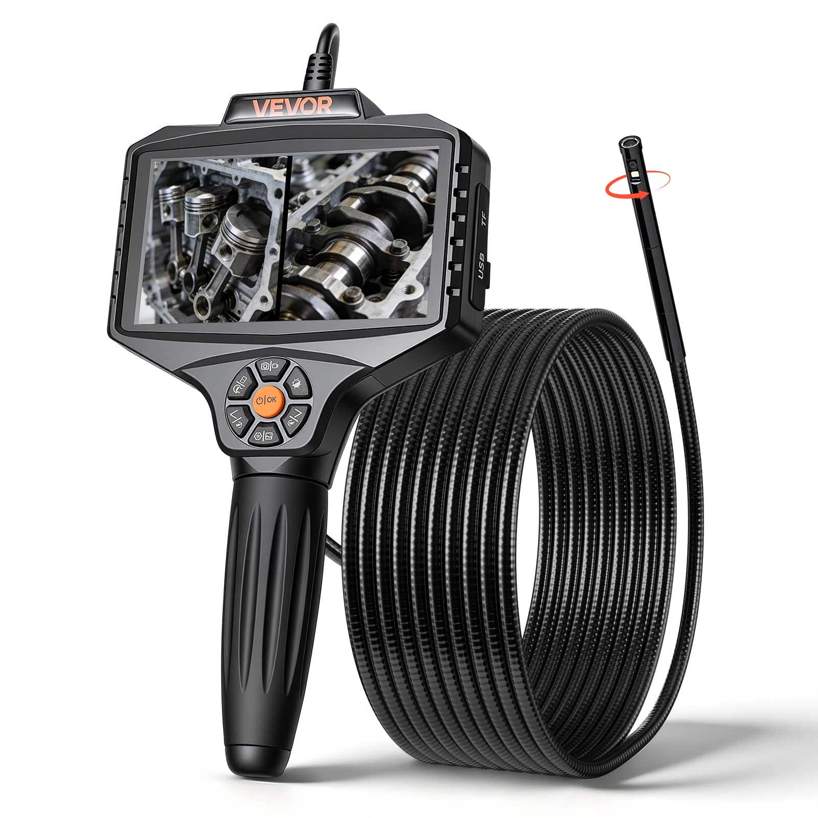 VEVOR - Endoscope with Light, 360° View Coverage Industrial Borescope Inspection Camera with Rotating Probe - Black
