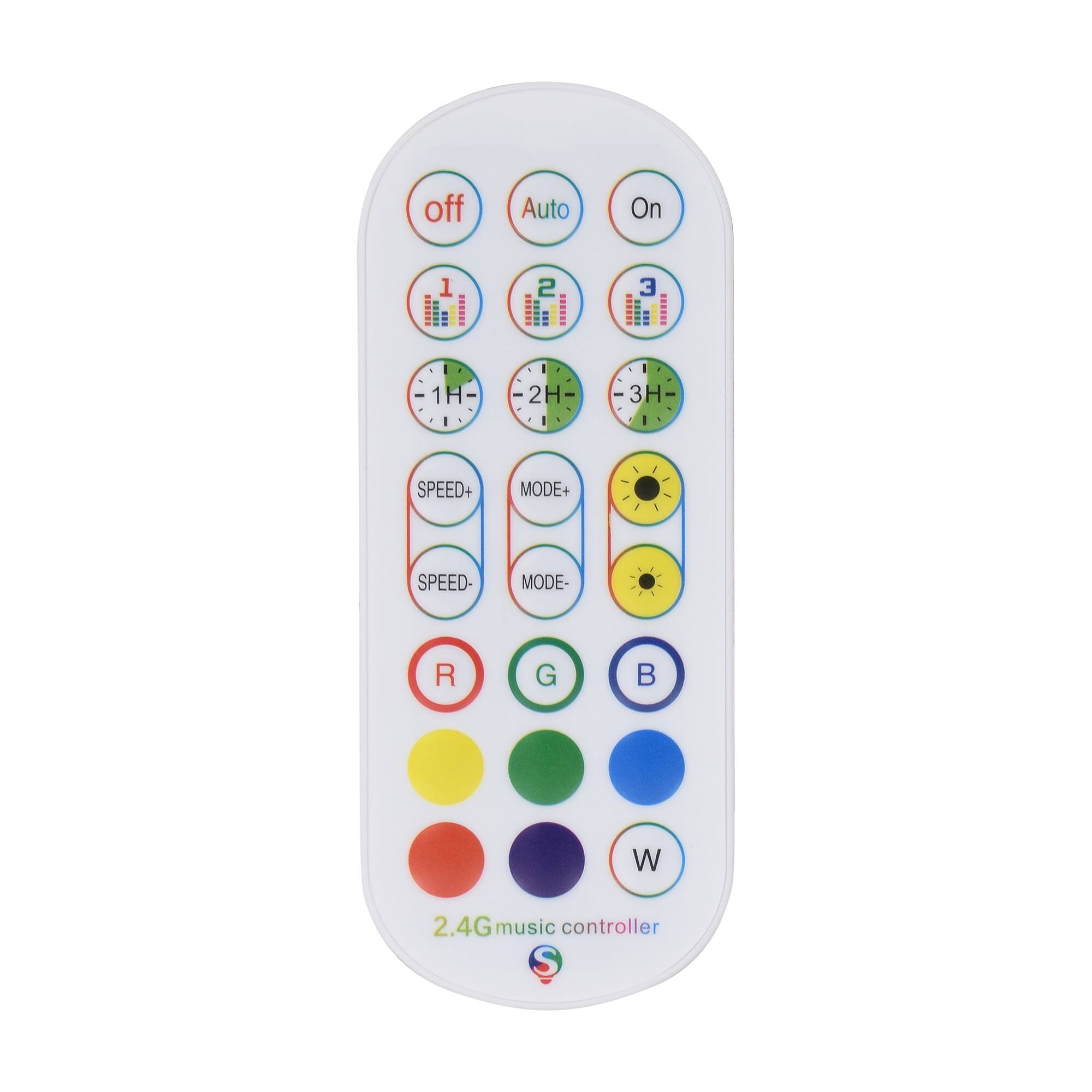 off Auto On  
1 2 3  
1H 2H 3H  
SPEED+ MODE+  
SPEED- MODE-  
R G B W  
2.4G music controller