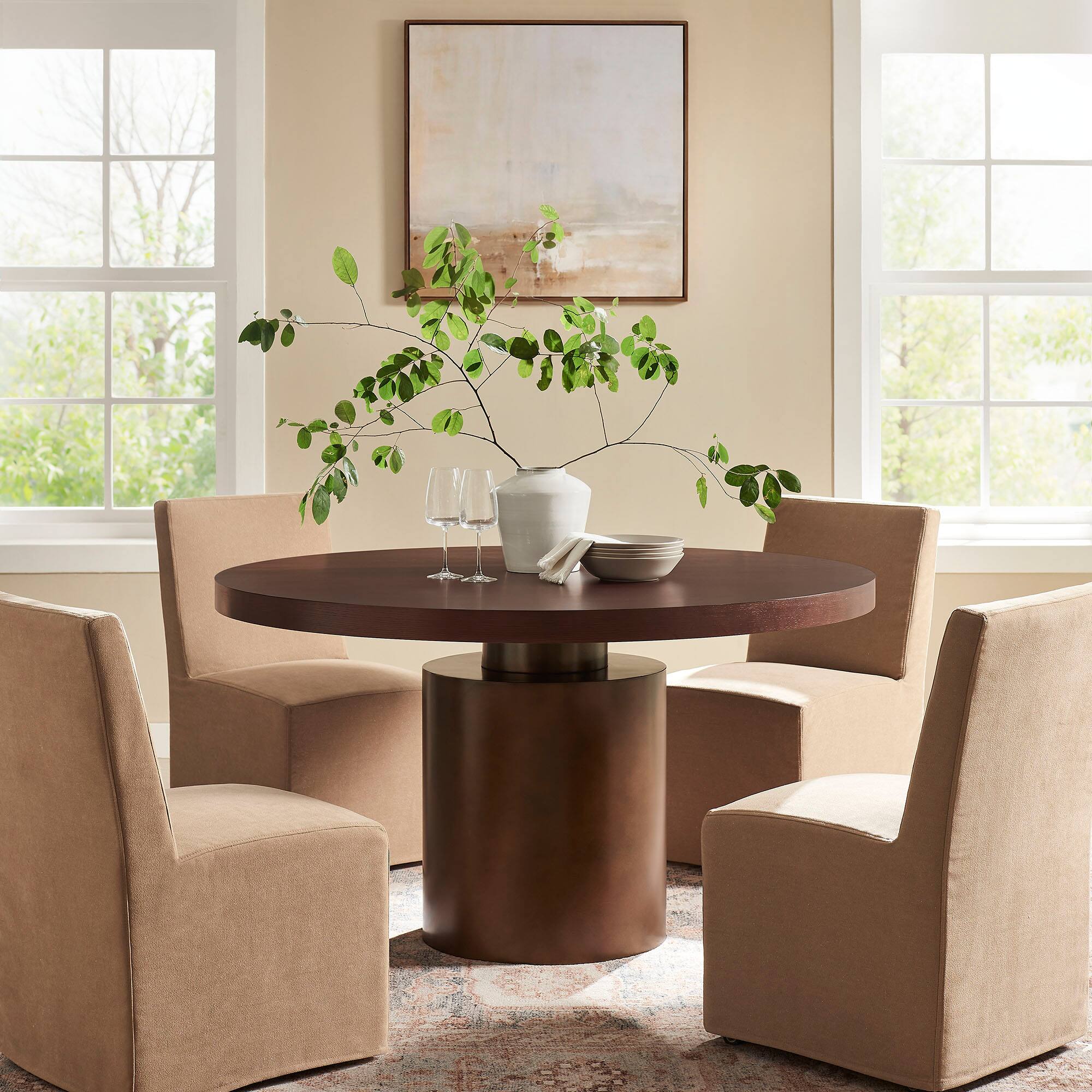 Alt View 3. Modway - Annette 54 Inch Round Pedestal Base Dining Table by Modway - Dark Walnut Burnished Brass.