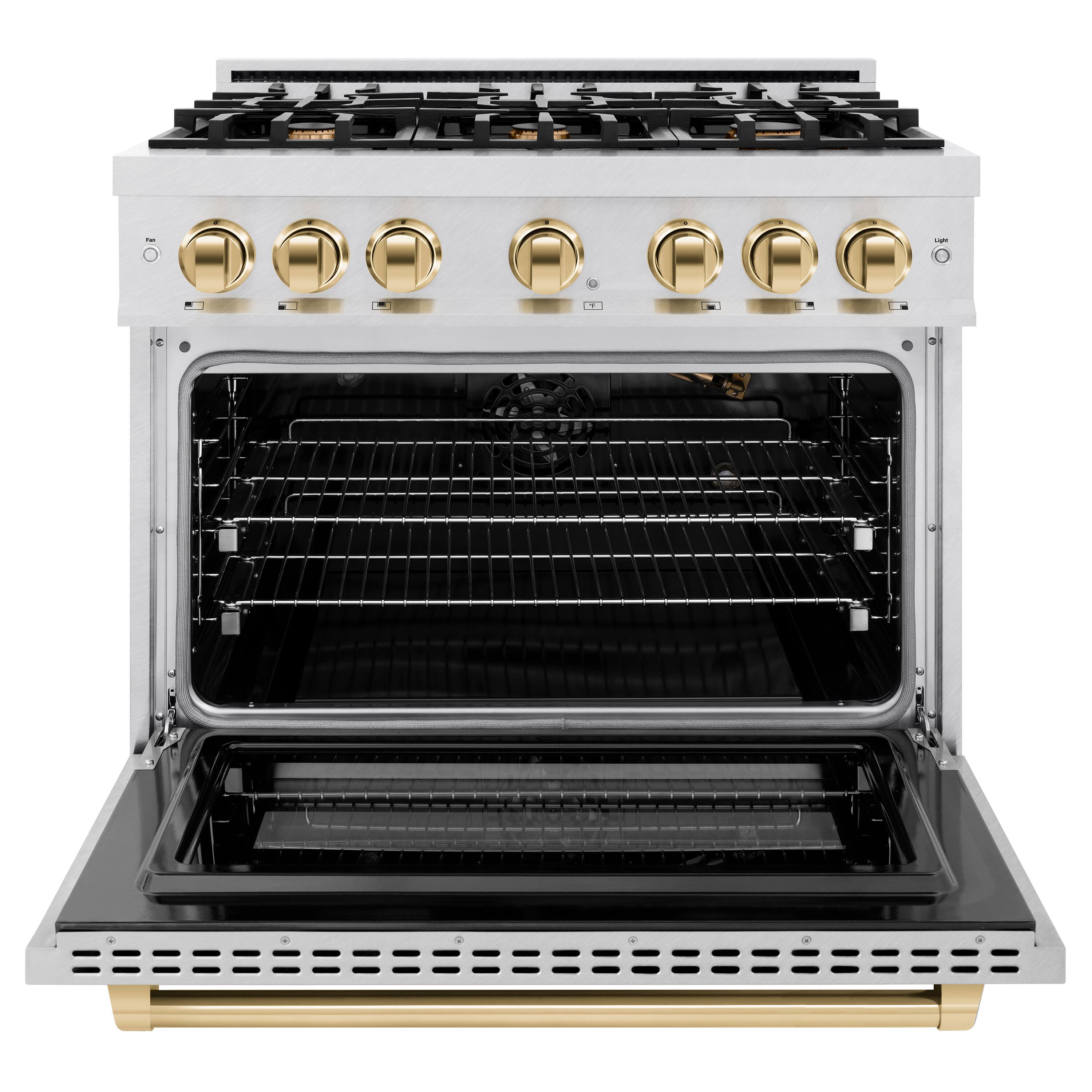 Left. ZLINE - ZLINE Autograph 36 in. 5.2 cu. ft. Freestanding Select Satin Steel Gas Range w/ 6 Burners & Gold Accents - Satin Stainless Steel.