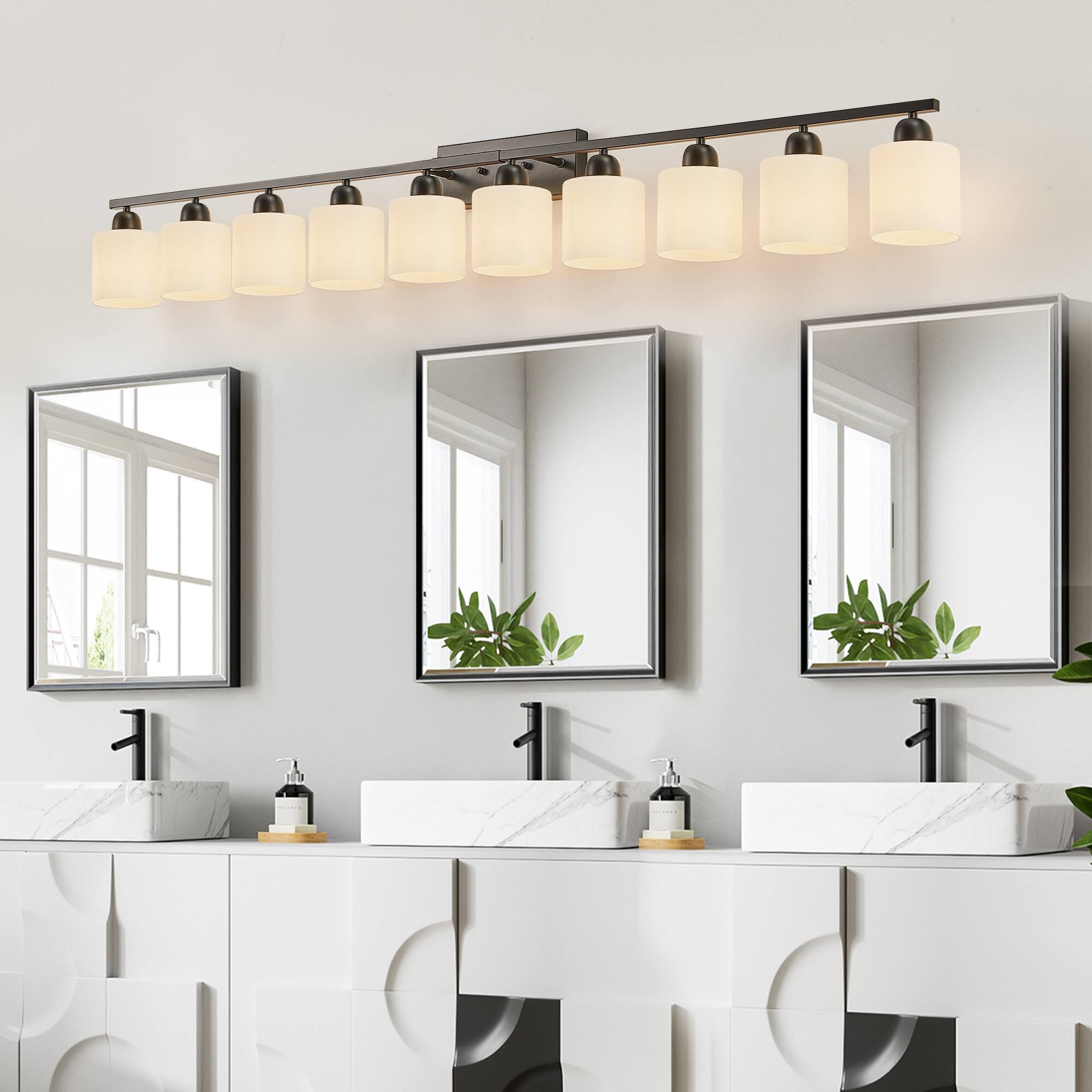 Left. HOMLUX - 64.96 in. 10 Lights Black LED Vanity Light Bar Vanity Accent Lighting Fixtures and Metal Wall Sconces with Crystal Shade.