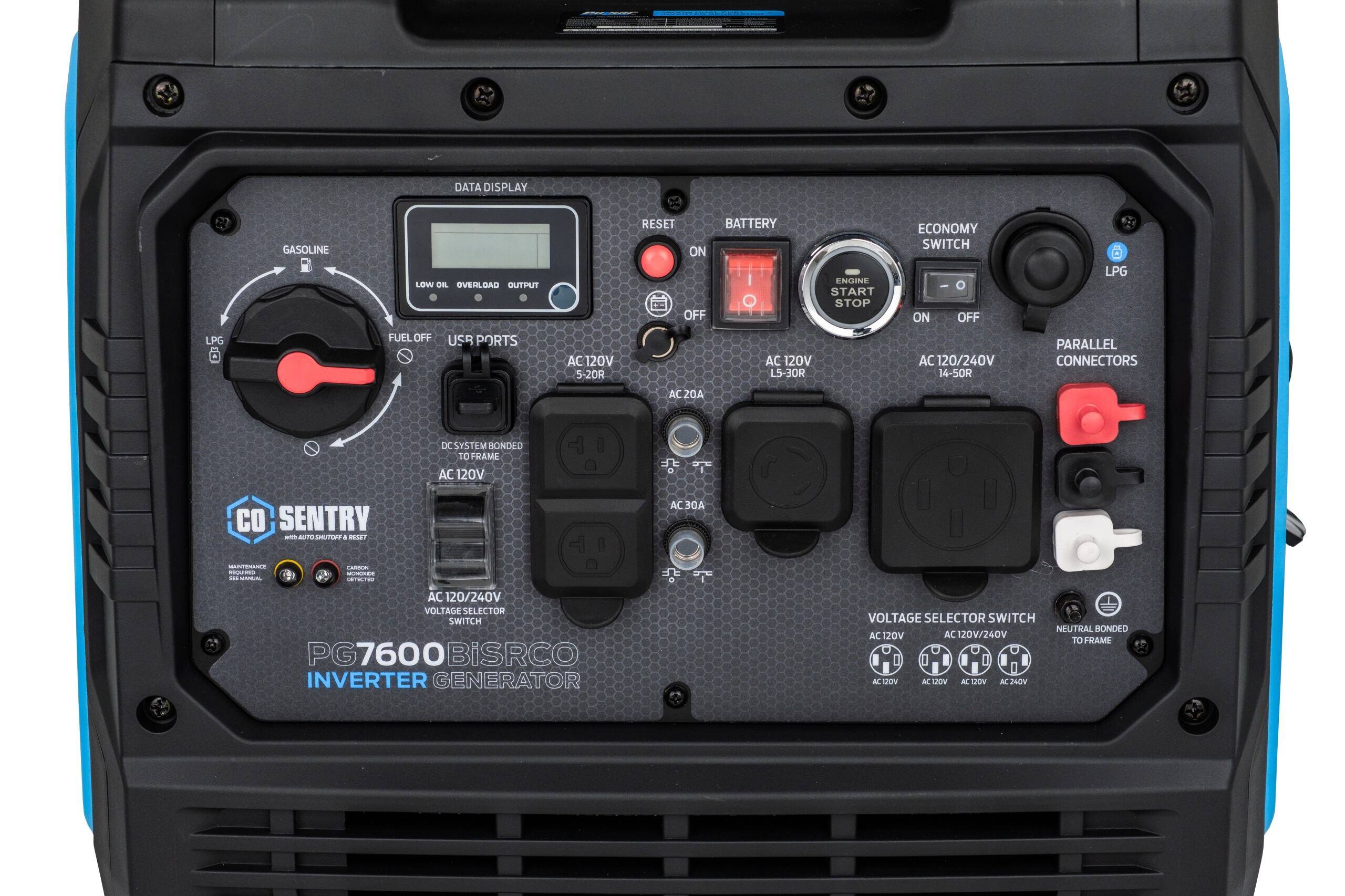 **DATA DISPLAY**
- OVERLOAD
- OUTPUT
- FUEL OFF
- LOW OIL
- LPG GASOLINE

**USB PORTS**

**AC 120V 5-20R**

**AC 120V L5-30R**

**AC 20A**

**AC 30A**

**AC 120V/240V 14-50R**

**ECONOMY SWITCH**
- ON
- OFF

**ENGINE START STOP**

**BATTERY**

**RESET**

**LPG PARALLEL CONNECTORS**

**AC 120V TO FRAME**

**VOLTAGE SELECTOR SWITCH**
- AC 120V
- AC 120V/240V

**NEUTRAL BONDED TO FRAME**

**PG7600BISRCO INVERTER GENERATOR**

**CO SENTRY**
- WITH AUTO SHUT-OFF & RESET
- MAINTENANCE SEE MANUAL
- CAUTION UPGRADED

**AC 120V/240V VOLTAGE SELECTOR SWITCH**

**LPG**

**AC 20A**

**AC