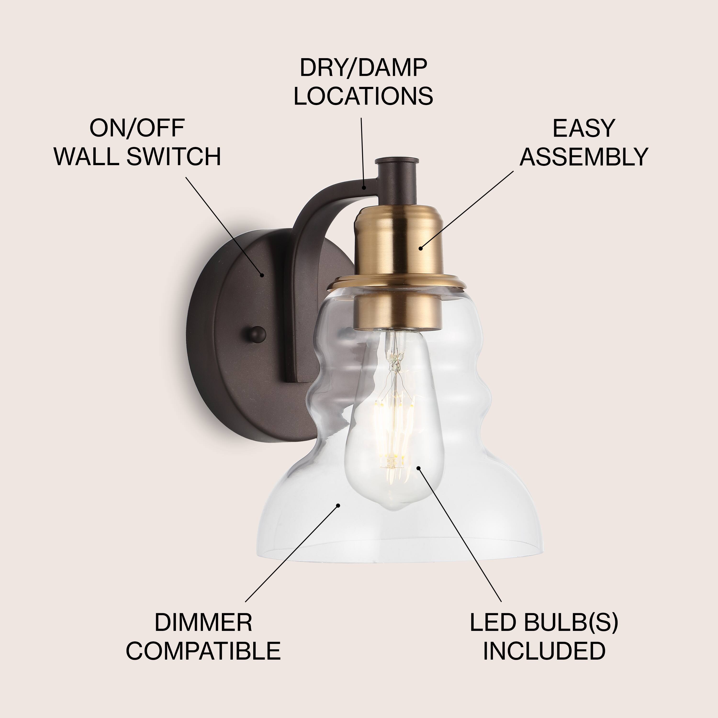 ON/OFF WALL SWITCH  
DRY/DAMP LOCATIONS  
EASY ASSEMBLY  
DIMMER COMPATIBLE  
LED BULB(S) INCLUDED