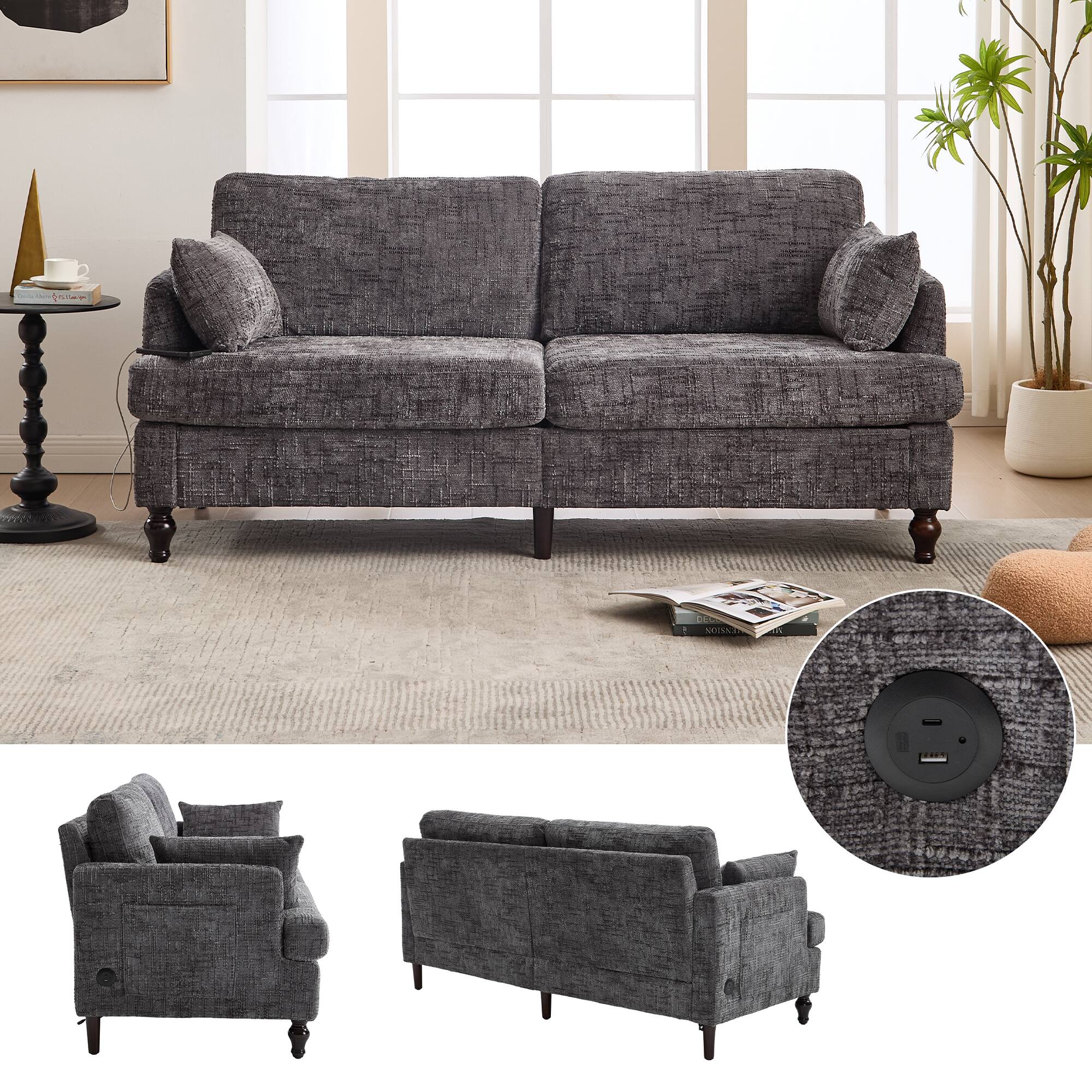Alt View 3. Ecooso - Modern 2-Seater Sofa with LED Light, USB Charging Port & Storage Bag, Wood-Legged Upholstered Couch for Living - Gray.