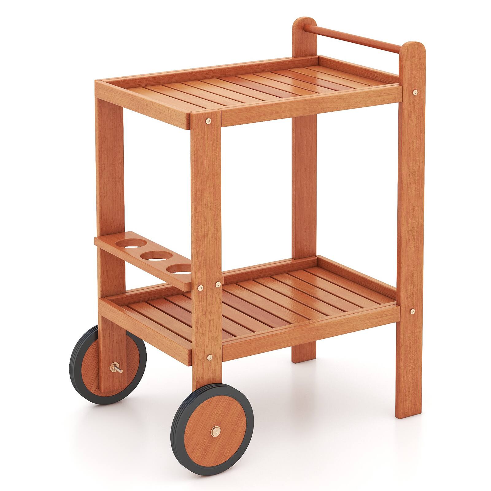 Alt View 9. Gymax - Gymax Wood Bar Cart 2 Tier Bar Trolley w/ Large Rubber Wheels & Wine Bottle Rack - Natural.