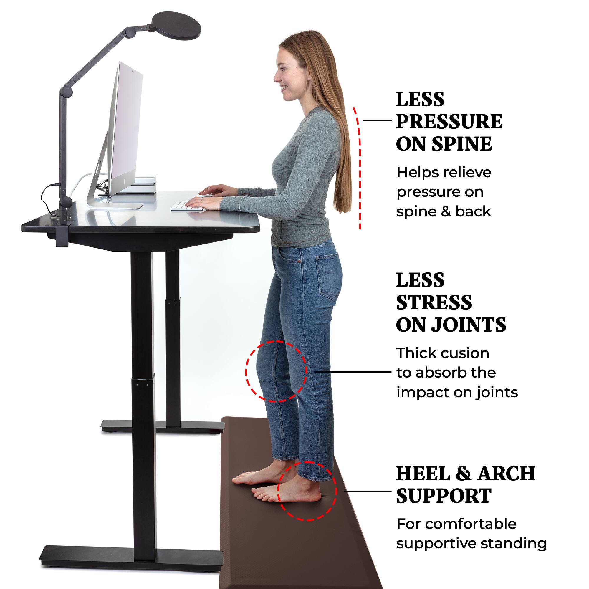 - LESS PRESSURE ON SPINE: Helps relieve pressure on spine & back
- LESS STRESS ON JOINTS: Thick cushion to absorb the impact on joints
- HEEL & ARCH SUPPORT: For comfortable supportive standing