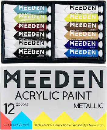 MEEDEN 0.74 fl. oz./22 ml) METALLIC LIGHT BLUE ACRYLIC PAINT
MEEDEN METALLIC 0.74 fl. oz./22 ml) VIRIDIAN GREEN ACRYLIC PAINT
MEEDEN METALLIC 0.74 fl. oz./22 ml) WINE RED ACRYLIC PAINT
MEEDEN METALLIC 0.74 fl. oz./22 ml) DEEP BROWN ACRYLIC PAINT
MEEDEN METALLIC 0.74 fl. oz./22 ml) SILVER ACRYLIC PAINT
MEEDEN METALLIC 0.74 fl. oz./22 ml) SILVER BLACK ACRYLIC PAINT
MEEDEN METALLIC 0.74 fl. oz./22 ml) WHITE ACRYLIC PAINT
MEEDEN METALLIC 0.74 fl. oz./22 ml) DEEP GOLD ACRYLIC PAINT
MEEDEN METALLIC 0.74 fl. oz./22 ml) APRICOT ORANGE ACRY