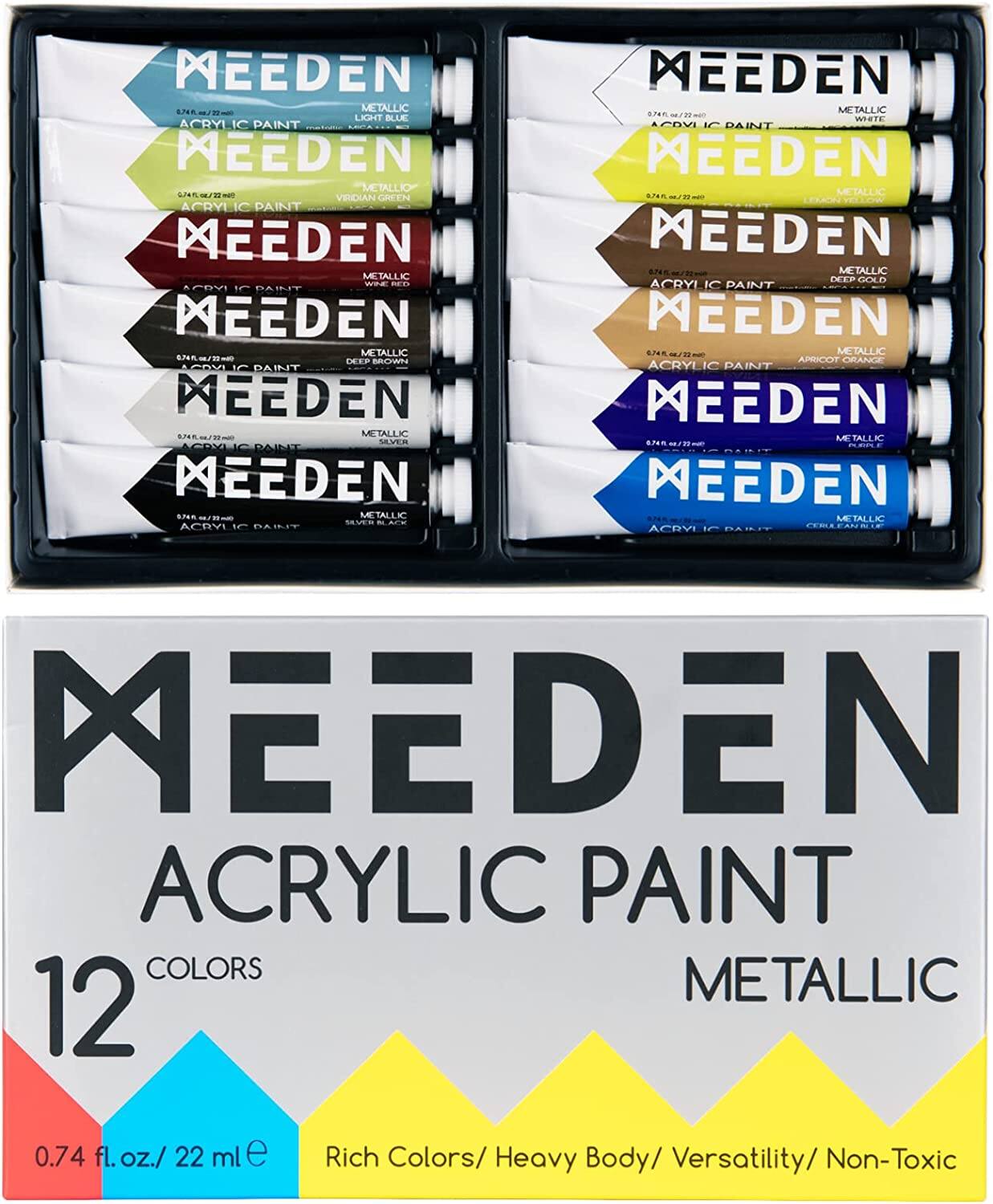 MEEDEN 0.74 fl. oz./22 ml) METALLIC LIGHT BLUE ACRYLIC PAINT  
MEEDEN METALLIC 0.74 fl. oz./22 ml) VIRIDIAN GREEN ACRYLIC PAINT  
MEEDEN METALLIC 0.74 fl. oz./22 ml) WINE RED ACRYLIC PAINT  
MEEDEN METALLIC 0.74 fl. oz./22 ml) DEEP BROWN ACRYLIC PAINT  
MEEDEN METALLIC 0.74 fl. oz./22 ml) SILVER ACRYLIC PAINT  
MEEDEN METALLIC 0.74 fl. oz./22 ml) SILVER BLACK ACRYLIC PAINT  
MEEDEN METALLIC 0.74 fl. oz./22 ml) WHITE ACRYLIC PAINT  
MEEDEN METALLIC 0.74 fl. oz./22 ml) DEEP GOLD ACRYLIC PAINT  
MEEDEN METALLIC 0.74 fl. oz./22 ml) APRICOT ORANGE ACRY