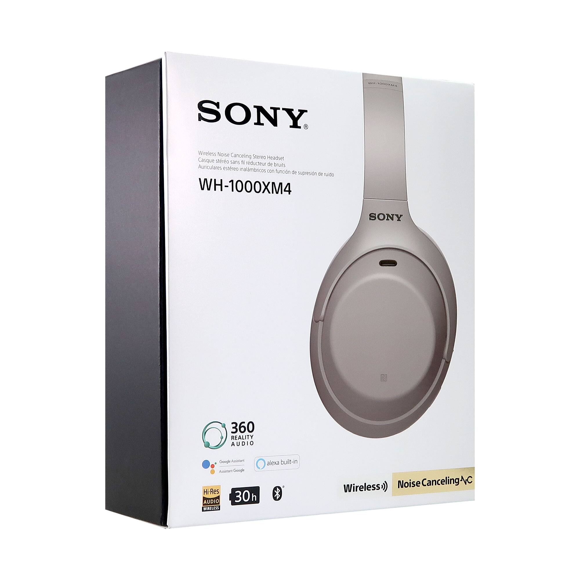 SONY Wireless Noise Cancelling Stereo Headset  
Casque stéréo sans fil avec réduction de bruit  
Auriculares estéreo inalámbricos con función de cancelación de ruido  
WH-1000XM4  

360 REALITY AUDIO  
Google Assistant  
Alexa built-in  
Hi-Res AUDIO  
30h  

Wireless  
Noise Cancelling