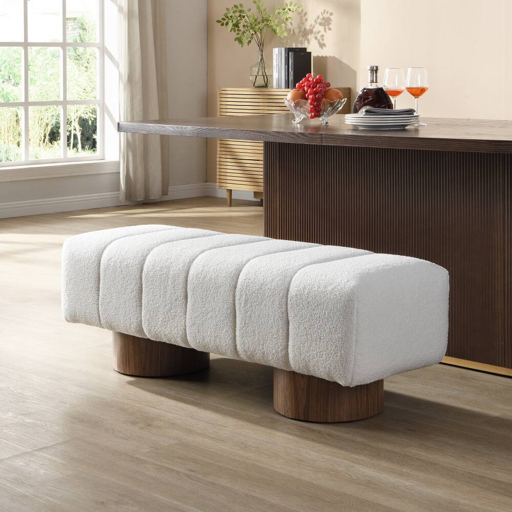 Front. PDTEND - Upholstered White Dining Bench with Boucle Fabric and Wooden Legs for Dining and Living Room - White.