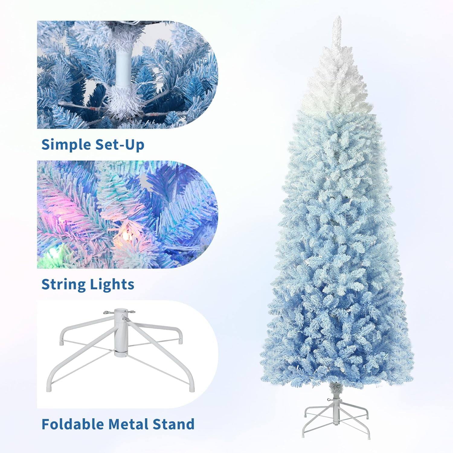 Back. Qeetex - 7.5ft Pencil Christmas Tree, Slim Flocked Artificial Tree for Christmas Decorations - White Blue 7.5ft.