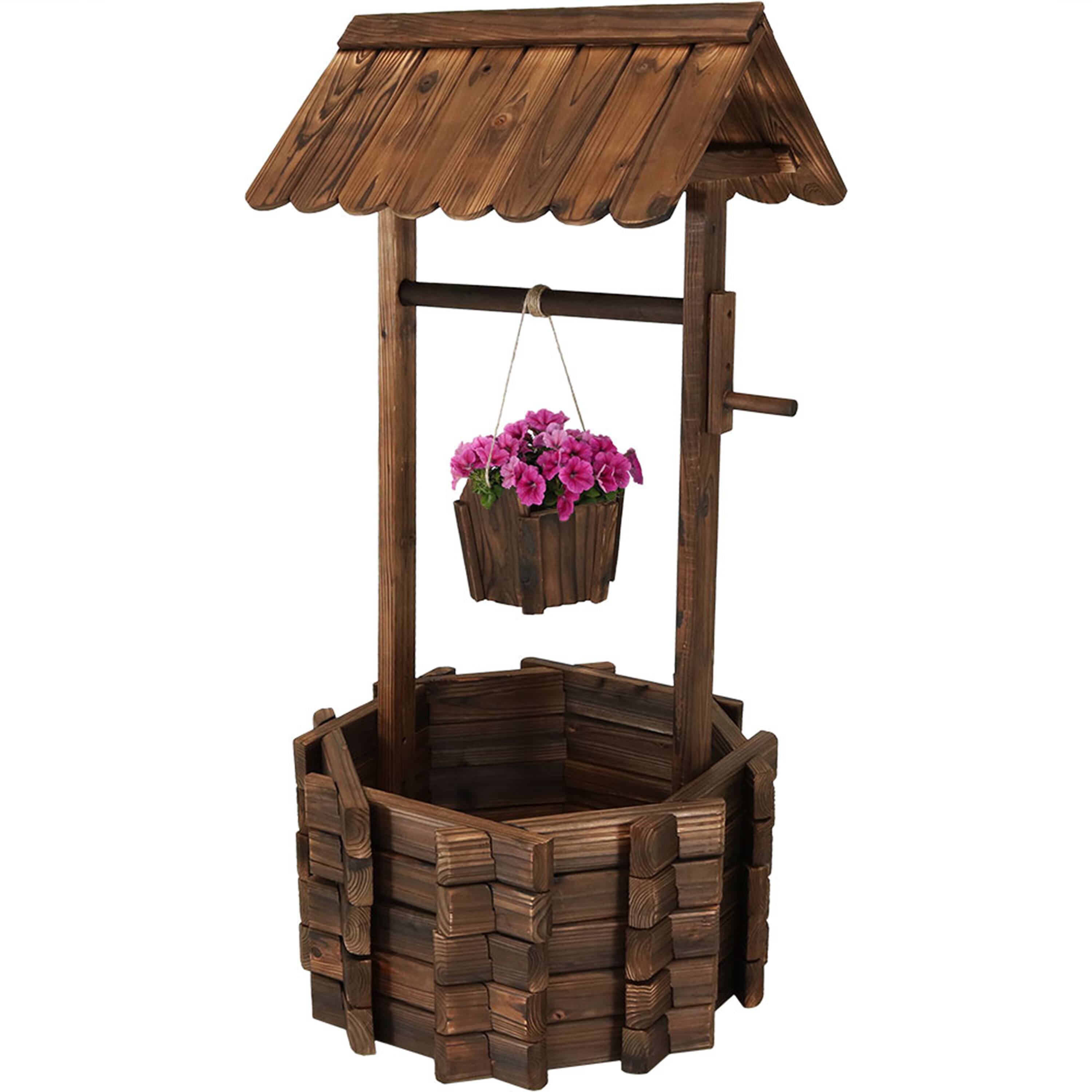 Alt View 4. Sunnydaze - 45 in 2-Tier Wooden Fir Wishing Well Hanging Garden Planter - Brown.