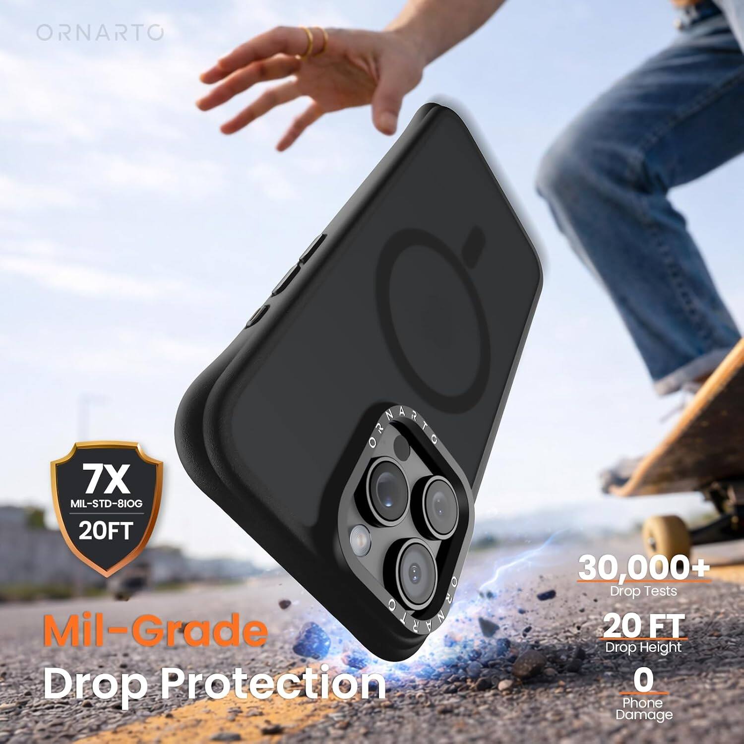 ORNARTO

A 7X MIL-STD-810G 20FT Mil-Grade Drop Protection

30,000+ Drop Tests 20 FT Drop Height 0 Phone Damage