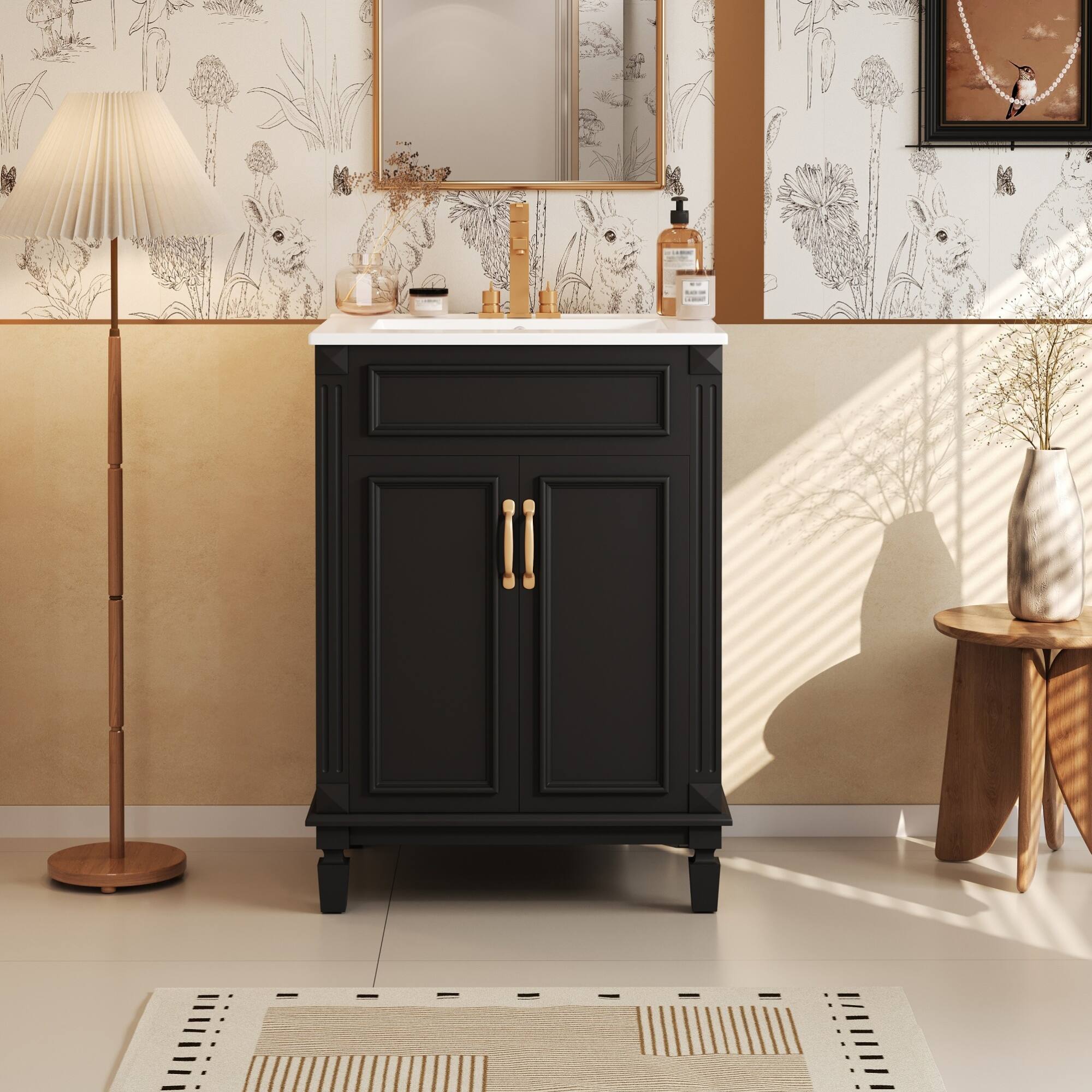 Front. ELEMENT ACE - Modern Bathroom Vanity with Ceramic Sink and Soft-Closing Doors, Solid Wood Frame Storage Cabinet - Black.