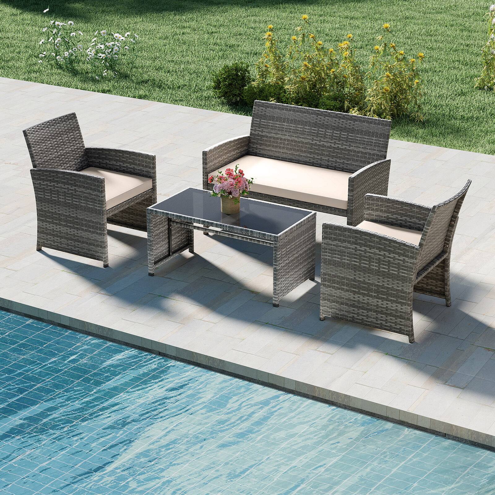 Alt View 3. Gymax - Gymax 4PCS Patio Outdoor Conversation Set w/Seat Cushions & Tempered Glass Tabletop Off White - Off White.