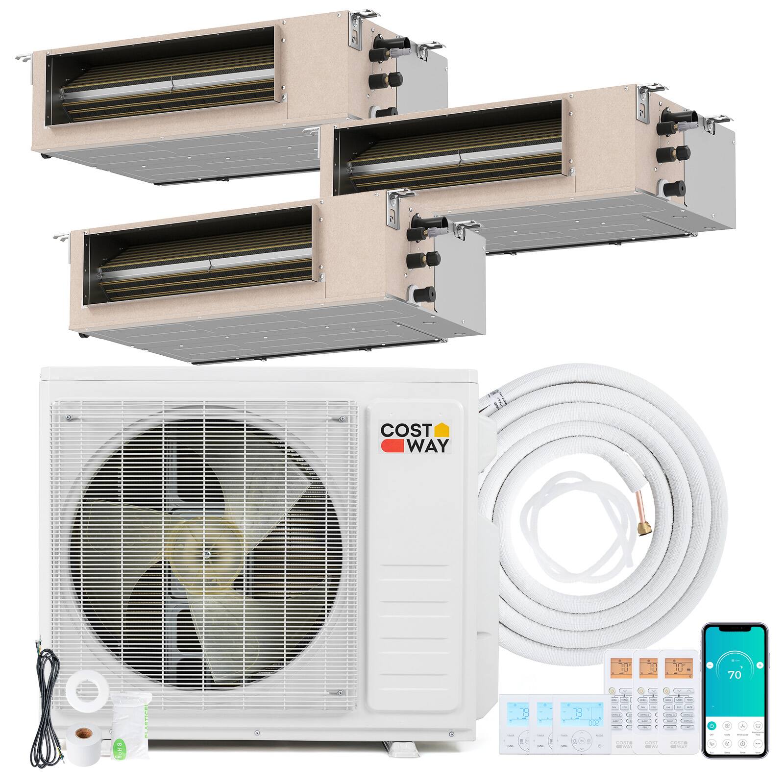 Costway - X-Pro 27000 BTU 3 Zone 9K + 9K +9K Concealed Ducted Mini Split AC, 24 SEER2, WiFi Enabled - White