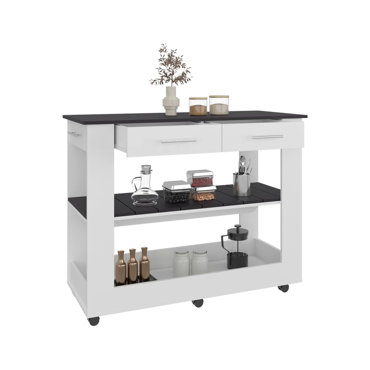 Alt View 1. Loheer - Loheer Mobile Kitchen Island with Wheels 2 Drawers White Black - White/Black.