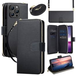 Dteck - Crossbody Wallet Case for Apple iPhone 16 Pro, Shockproof Zipper Pocket PU Leather Folio Cover with 9 Card Slots - Black