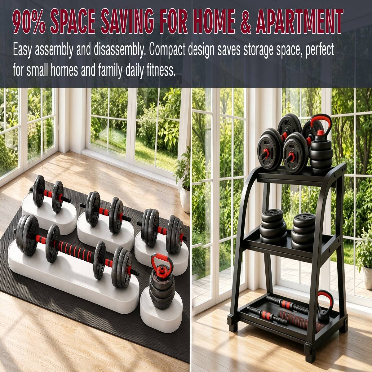 90% SPACE SAVING FOR HOME & APARTMENT

Easy assembly and disassembly. Compact design saves storage space, perfect for small homes and family daily fitness.