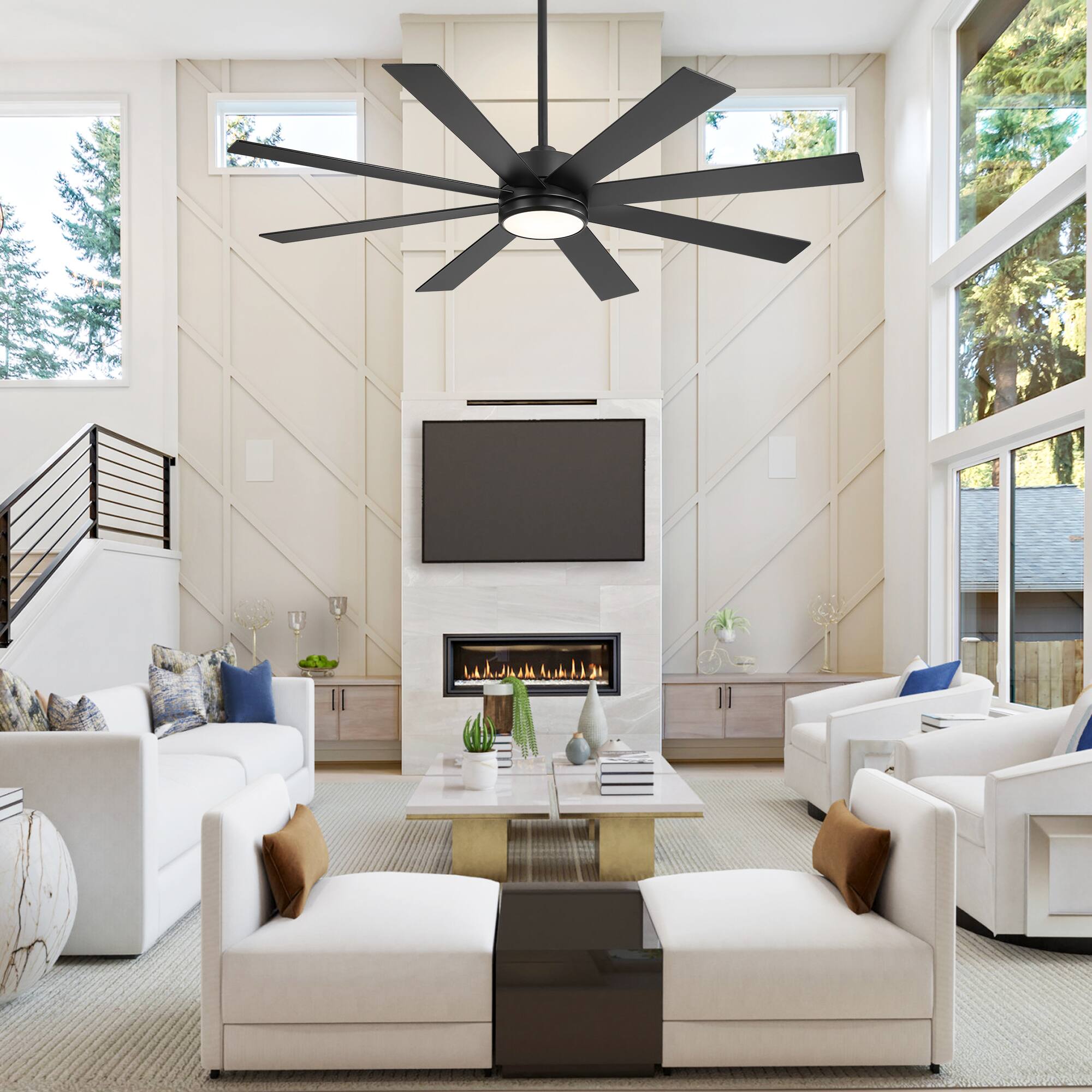 Alt View 1. Breezary - 65-In Ceiling Fan with 8-Blade, 3-Color Light, 6-Speed DC Motor, 6''/20'' Downrods, Remote Control with Timer - Matte Black.