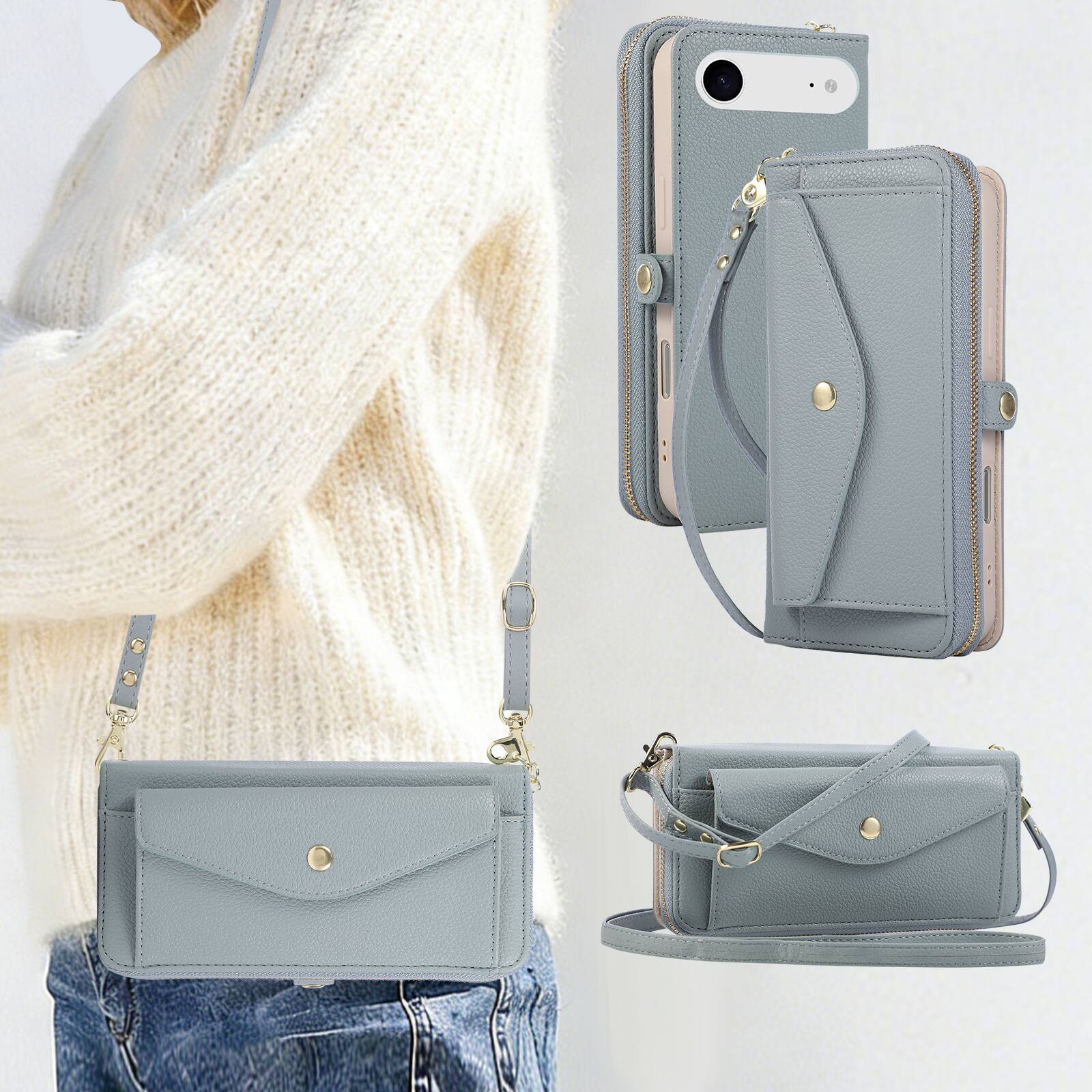 Alt View 3. Dteck - Leather Wallet Phone Case for Apple iPhone Air with Crossbody Strap, Shockproof Zipper Pocket Mirror Stand Cover - Blue.