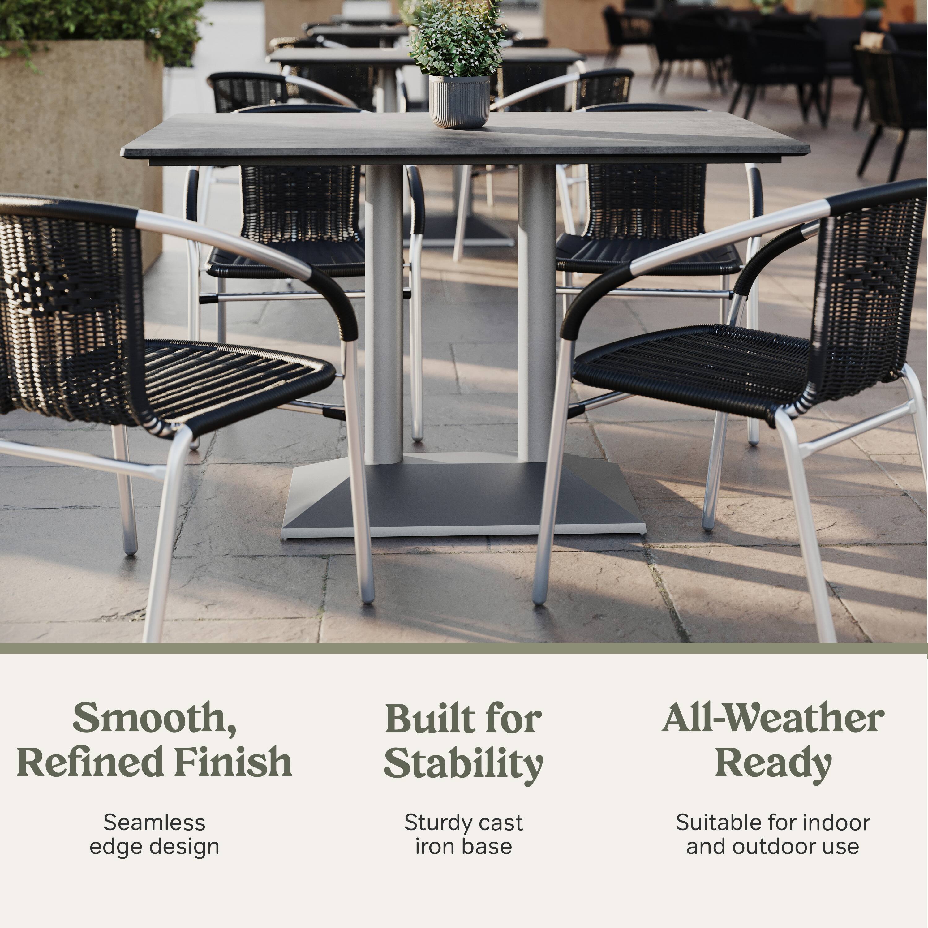 Smooth, Refined Finish  
Seamless edge design  

Built for Stability  
Sturdy cast iron base  

All-Weather Ready  
Suitable for indoor and outdoor use