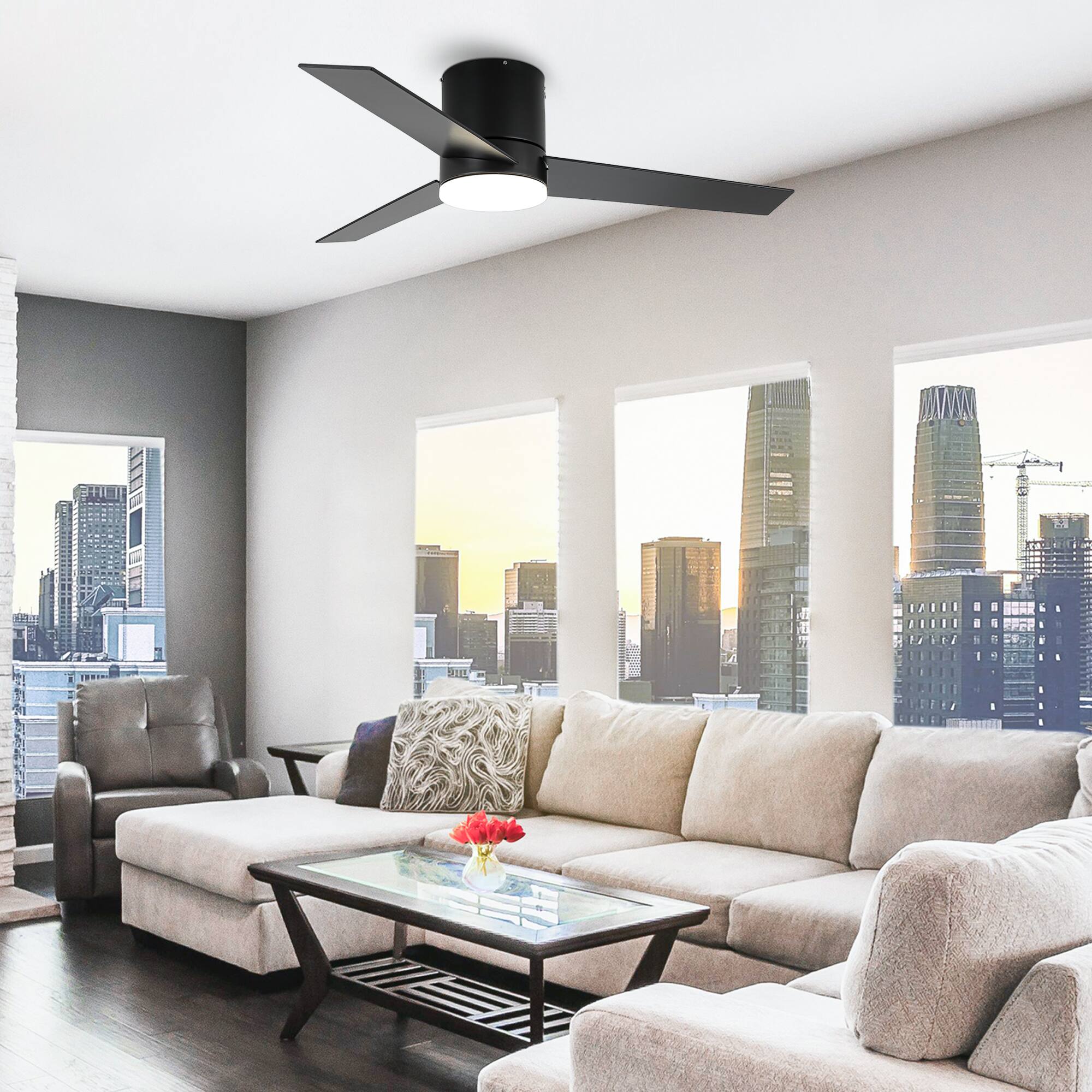 Angle. Parrot Uncle - 48" Modern Black LED Flush Mount Ceiling Fan with Remote Control - Black.