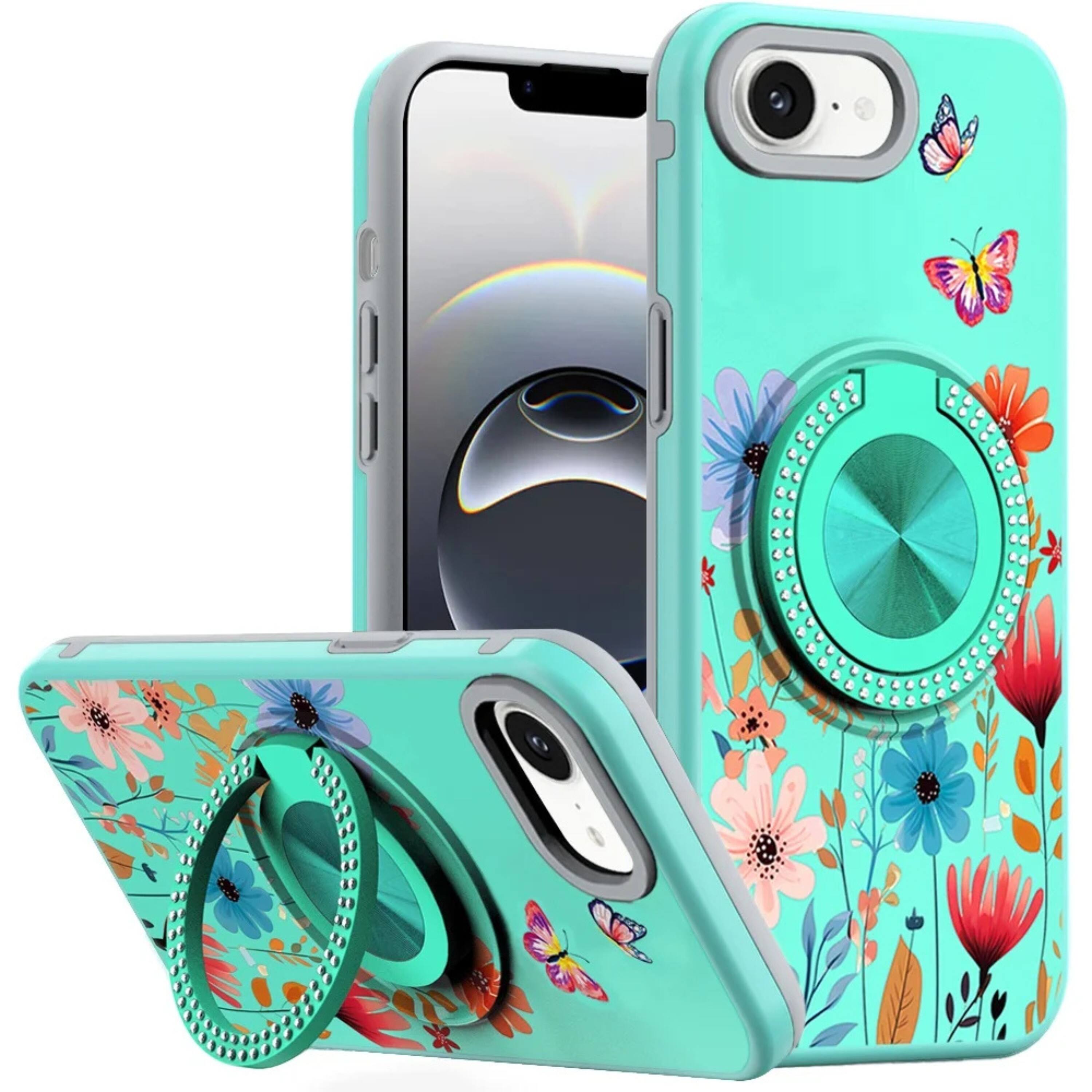 Front. Kitcheniva - Printed Bling 360 Rotating Ring Stand Phone Case With Tempered Glass For iPhone 16e 17e Garden Blue - Blue.