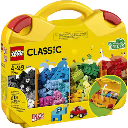 CHOKING HAZARD. WARNING: small parts and a small ball. Toy contains small parts and a small ball. Not for children under 3 years. LEGO CLASSIC D50 Ages/edades 4-99 10713 BRING ALONG BRICKS Creative Suitcase 213 pcs/pzs Building Toy Jouet de construction para Juguete Construir IDEAS INCLUDED