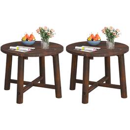 Costway - 2 PCS Outdoor Side Table with Solid Wood Structure Small Round Coffee Table - Brown