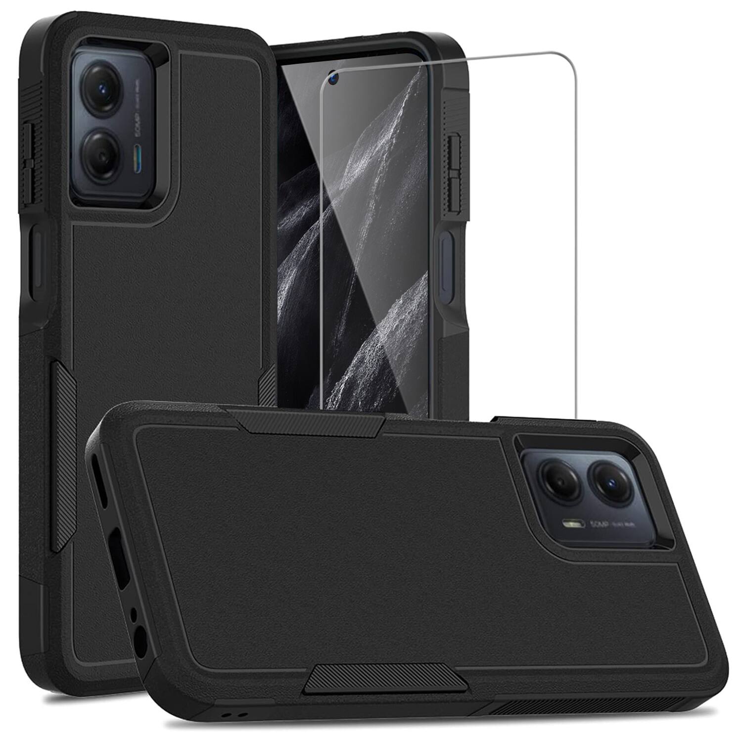 Front. Equipd - Case for Moto G 5G 2024 (6.6 Inch), Heavy Duty Rugged Shockproof Protection Cover with Tempered Glass Screen Protector - Black.