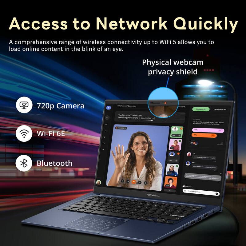 Access to Network Quickly  
A comprehensive range of wireless connectivity up to WiFi 5 allows you to load online content in the blink of an eye.  

Physical webcam privacy shield  

720p Camera  
Wi-Fi 6E  
Bluetooth  

ASUS Wiobook Y