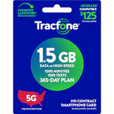 *4G LTE & 5G compatible carryover with active service*
$125 + taxes and fees
Tracfone 1.5 GB DATA at HIGH SPEED
1500 MINUTES
1500 TEXTS
365-DAY PLAN
5G Image does not depict coverage
NO CONTRACT SMARTPHONE CARD
See back panel for more details.