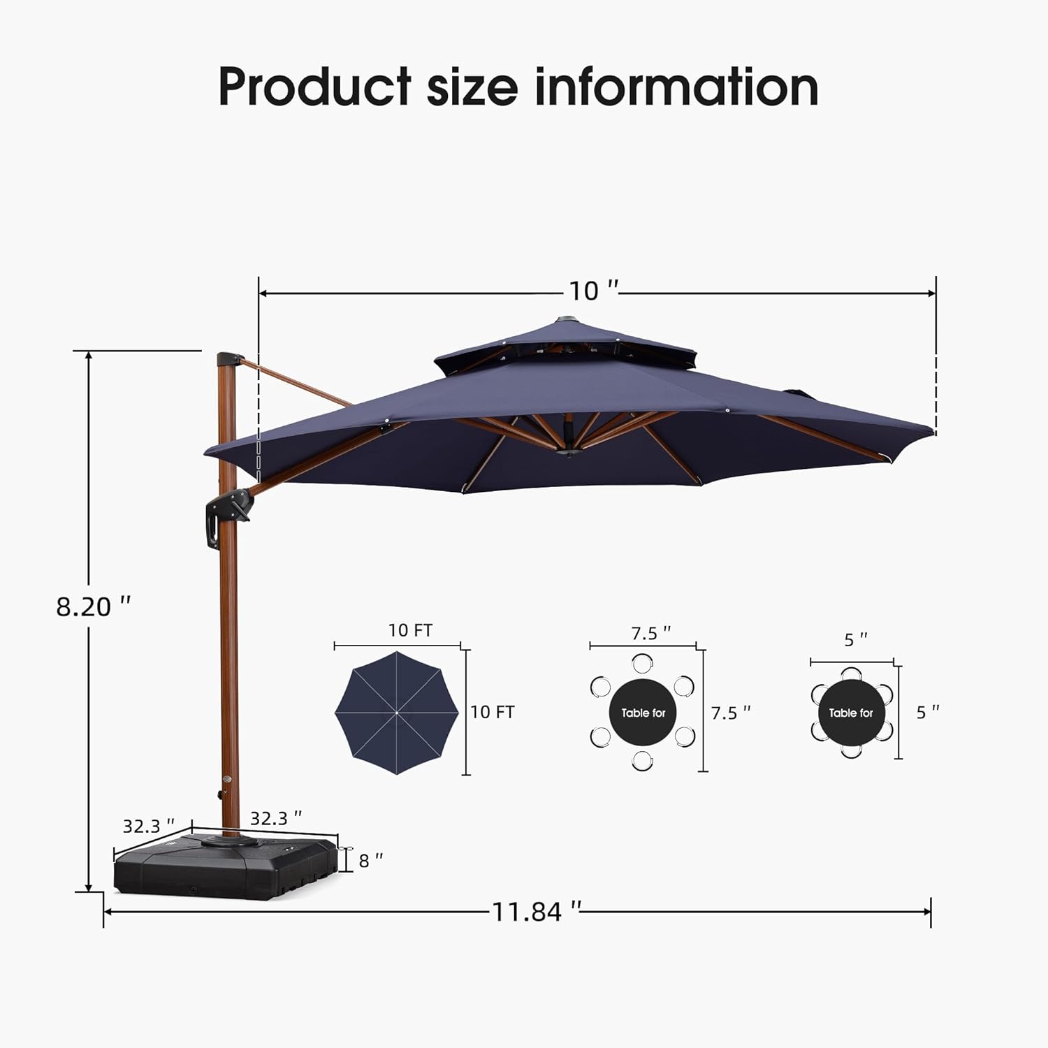 Product size information

- 10"
- 8.20"
- 10 FT
- 7.5"
- 5"
- 32.3"
- 8"
- 11.84"