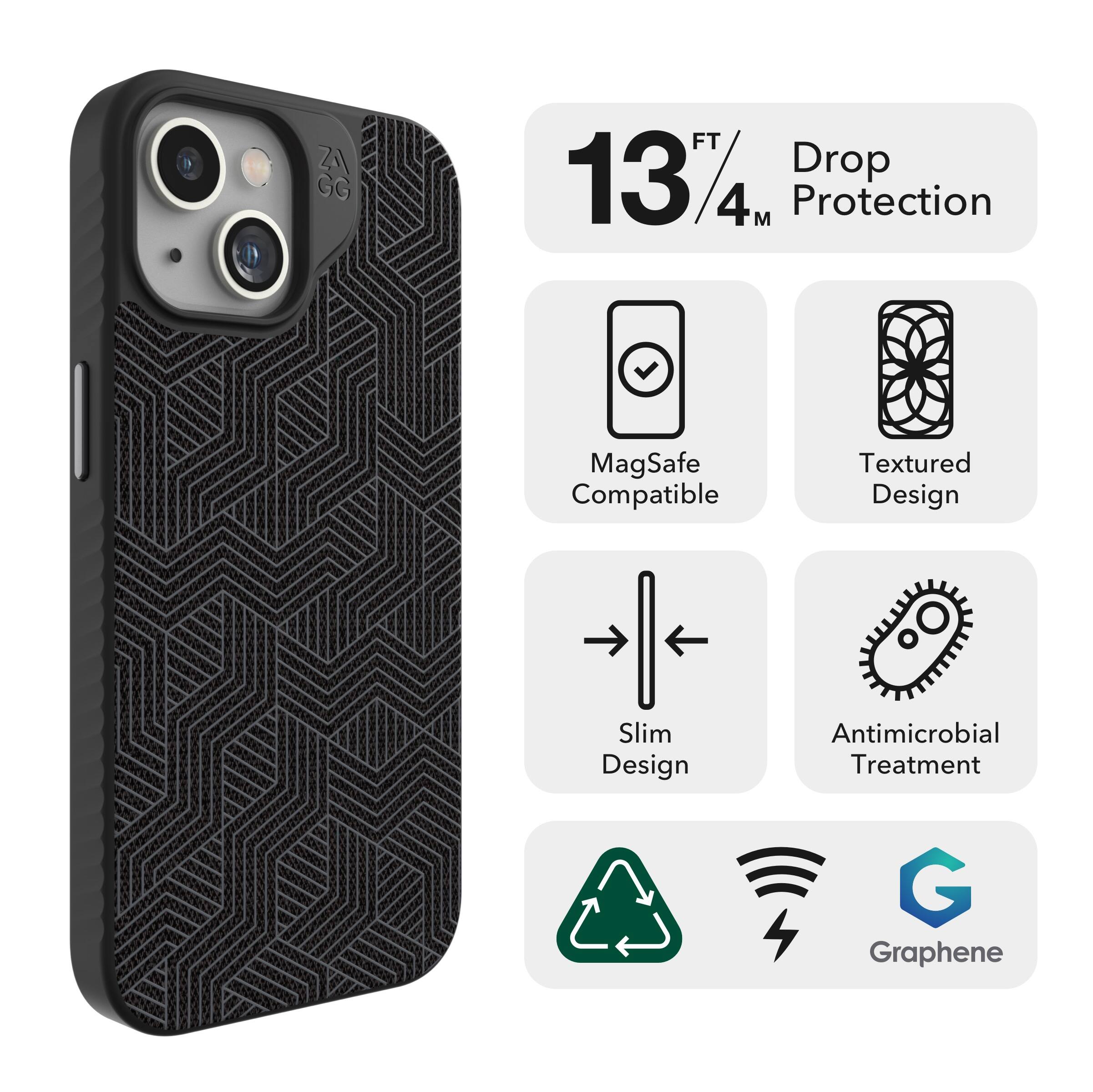 The image features a black case for a smartphone, which is described as having a textured design, MagSafe compatibility, and a slim profile. The case also offers protection against drops and features an antimicrobial treatment. Additionally, the case is made of graphene, which is a strong and lightweight material. The case is advertised as being 13 feet drop protected, providing extra security for the phone.