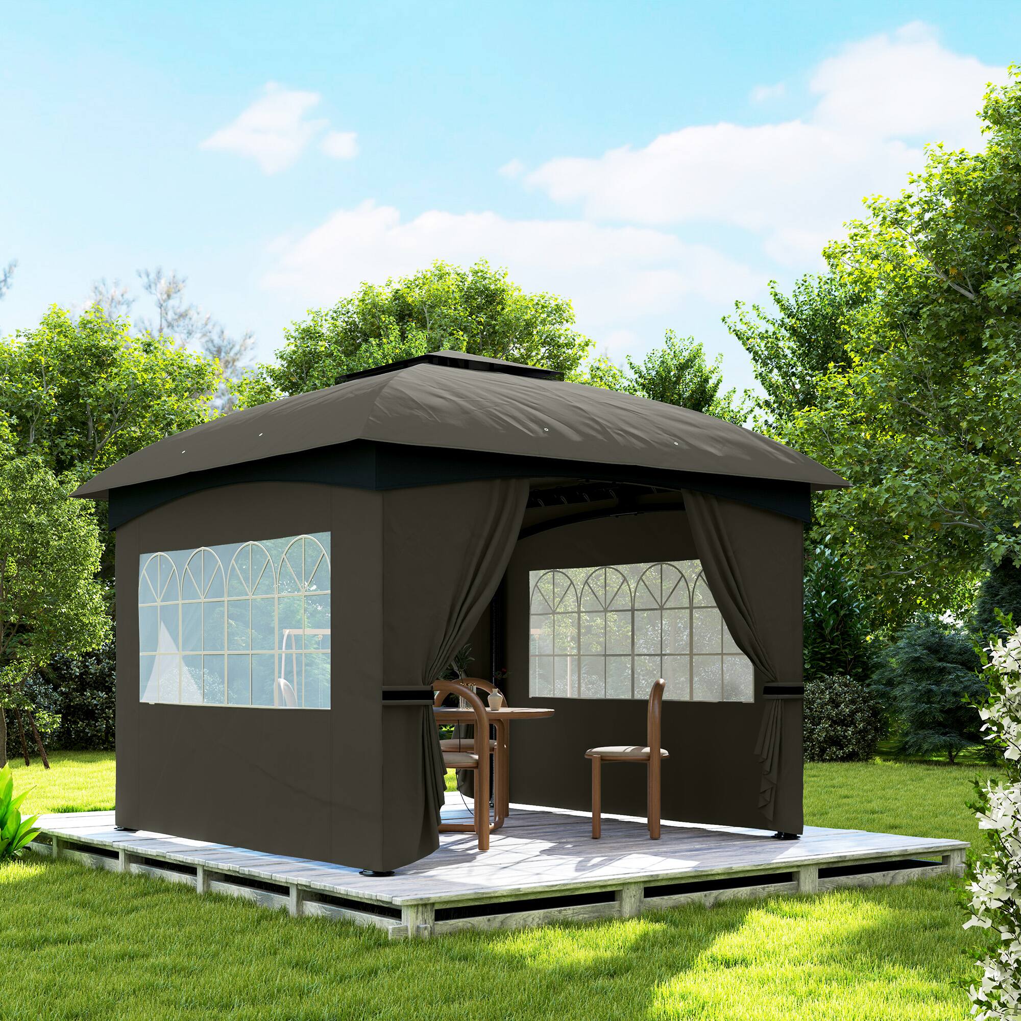 Alt View 4. Outsunny -  11' x 11' Outdoor Gazebo, Arc Patio Gazebo Canopy Shelter, UV Protected, with Curtains, Church Windows - Dark Gray.