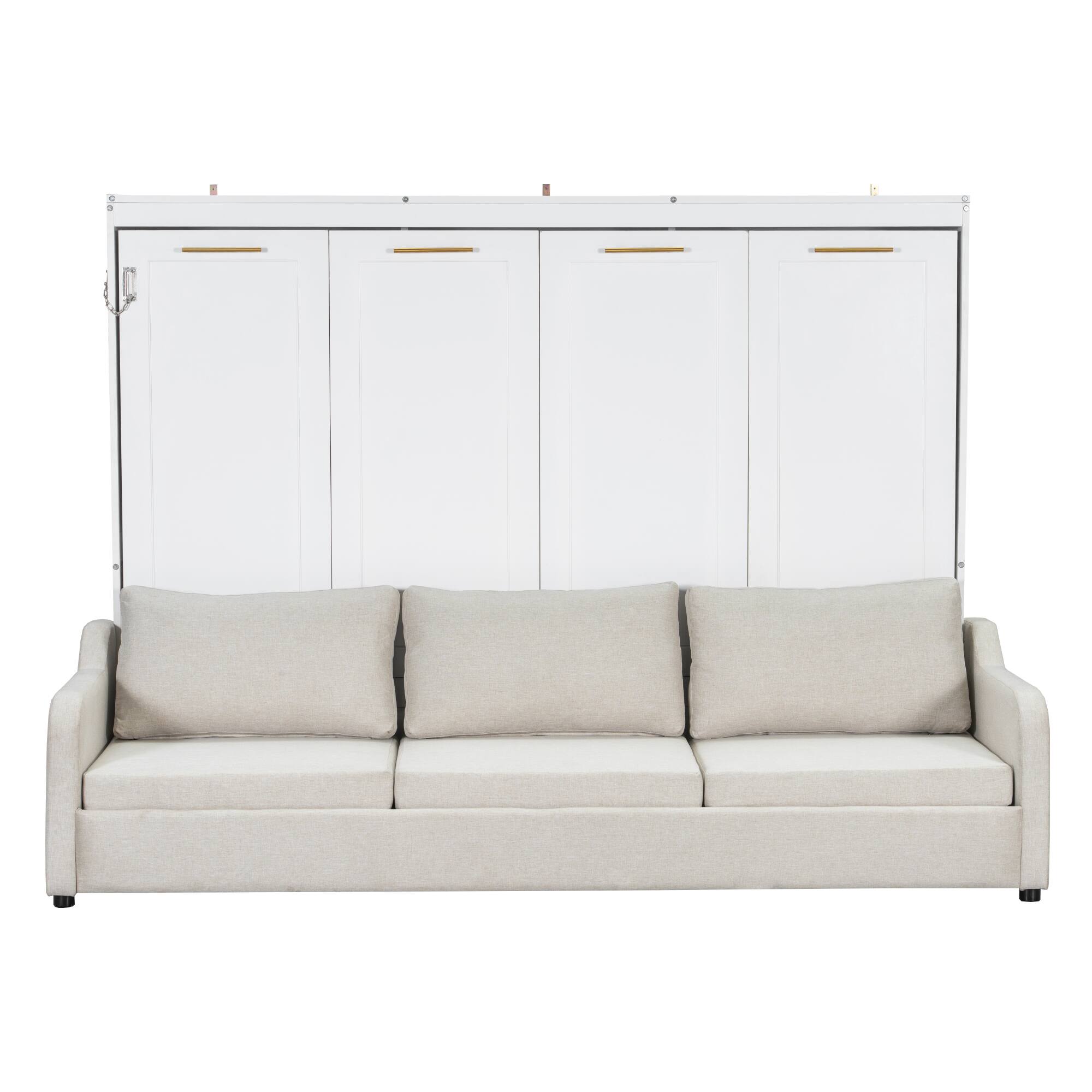 Alt View 1. Whisen - Queen Size Murphy Cabinet Bed with Folding Sofa,Built-in Storage Shelves and LED Light - Beige.