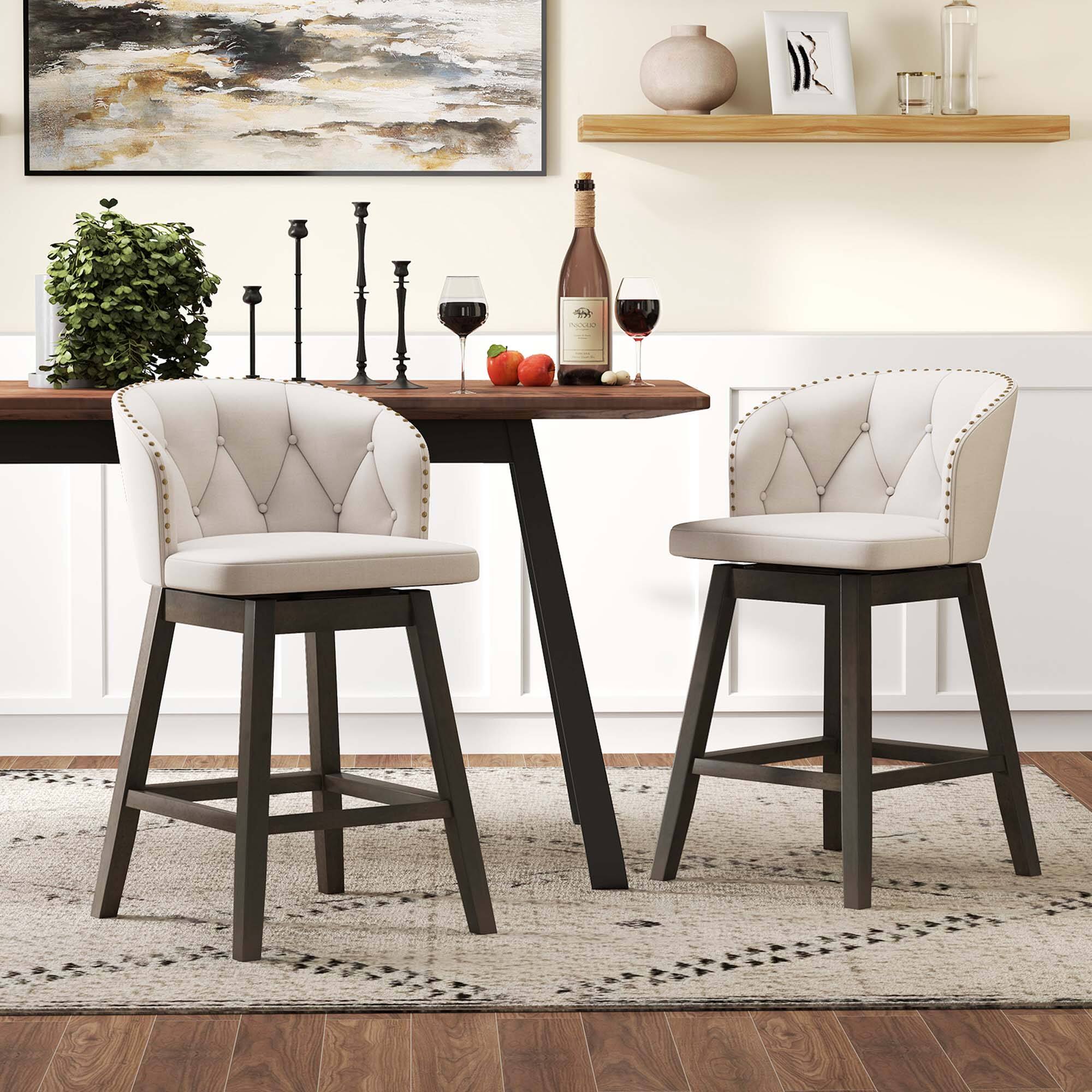Alt View 3. Costway - 2 PCS Counter Height Bar Stools Fabric Upholstered Island Stools with 360° Swivel Seat - Beige/Brown.