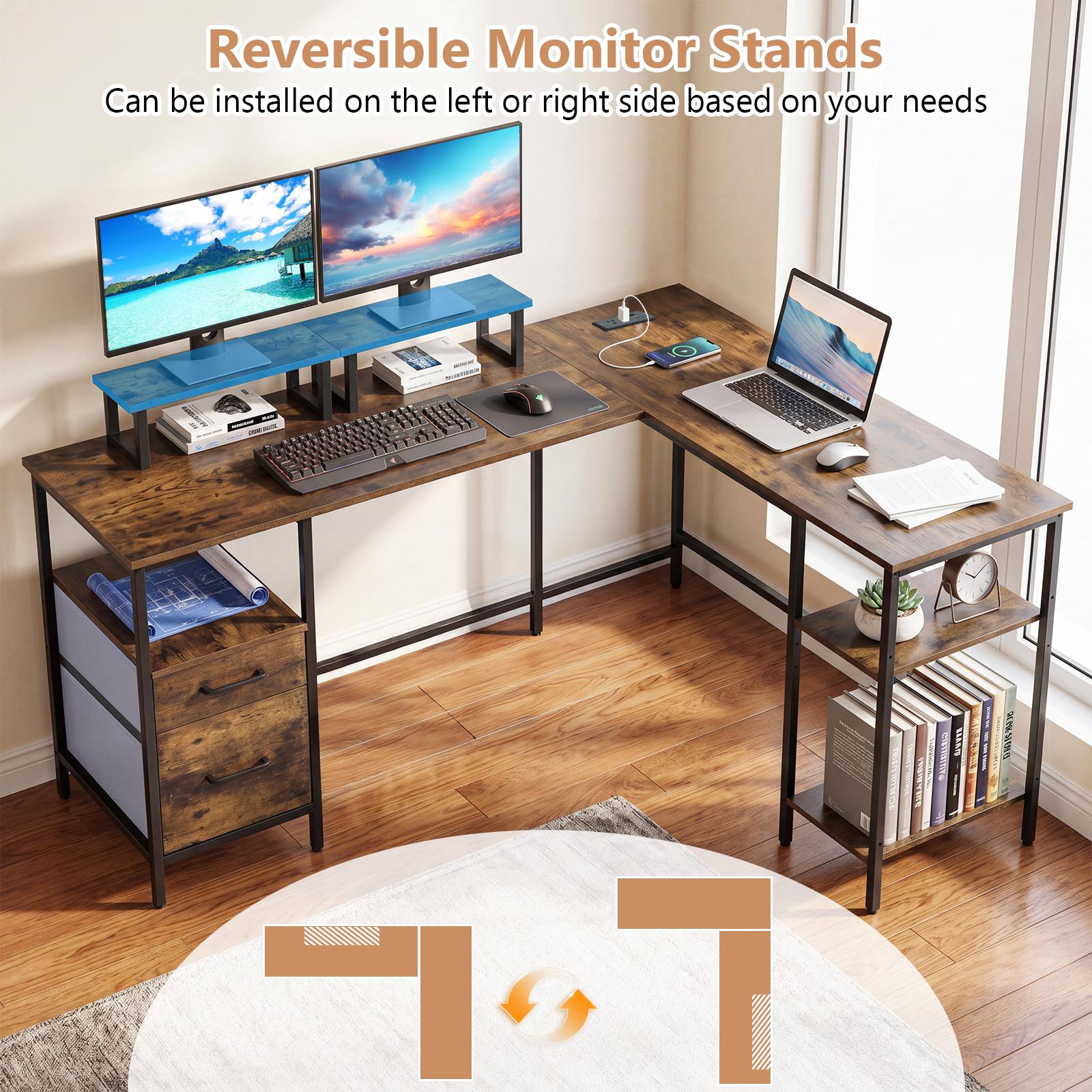 Reversible Monitor Stands  
Can be installed on the left or right side based on your needs