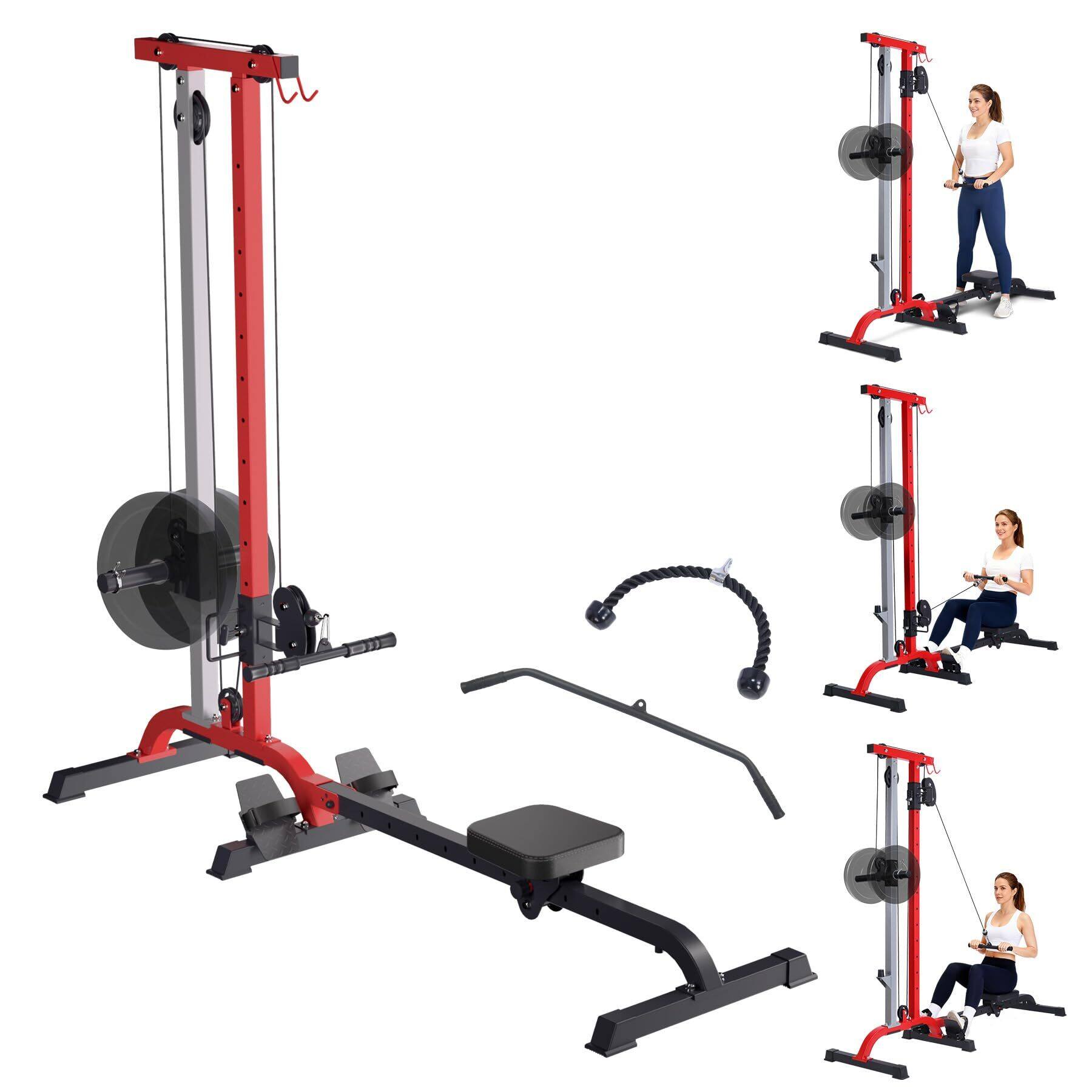 Front. Babevy - 2 in 1 Rowing Machine, Adjustable LAT Pull Down and Low Row Cable Machine with High and Low Pulley Stations - Red.