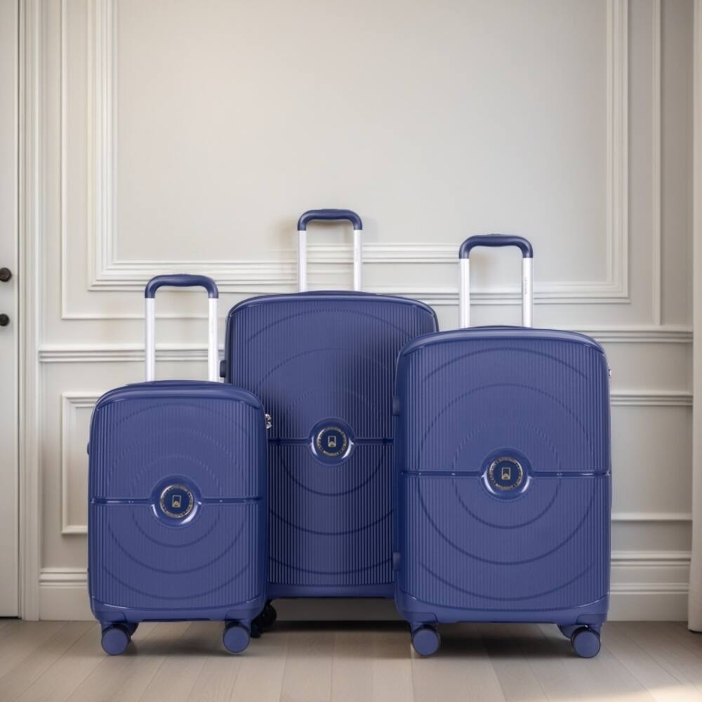 Angle. BreeBe - Expandable Hardshell Suitcase Set with Double Spinner Wheels, TSA Lock, Polypropylene, 3-Piece - Navy.