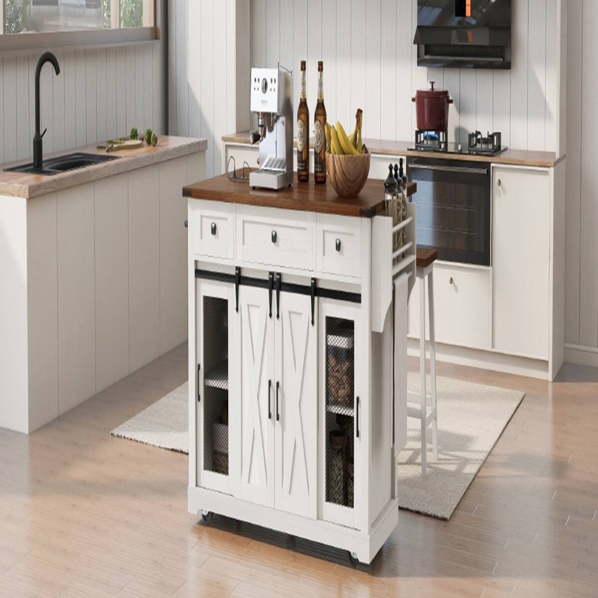 Left. Loheer - Loheer 58 inch farmhouse kitchen island with drop leaf, rolling kitchen island with storage, White - White.